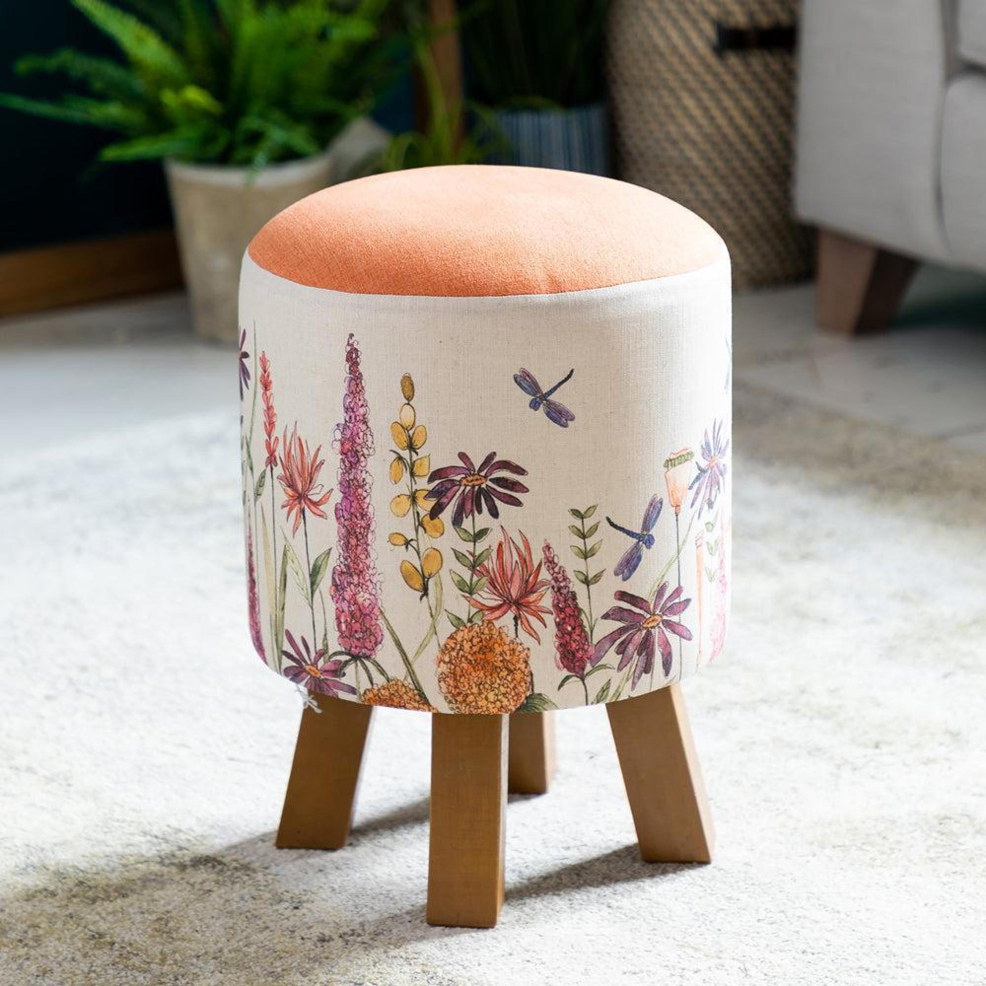 Product photograph of Voyage Maison Florabunda Russet Linen Monty Round Footstool from Choice Furniture Superstore.