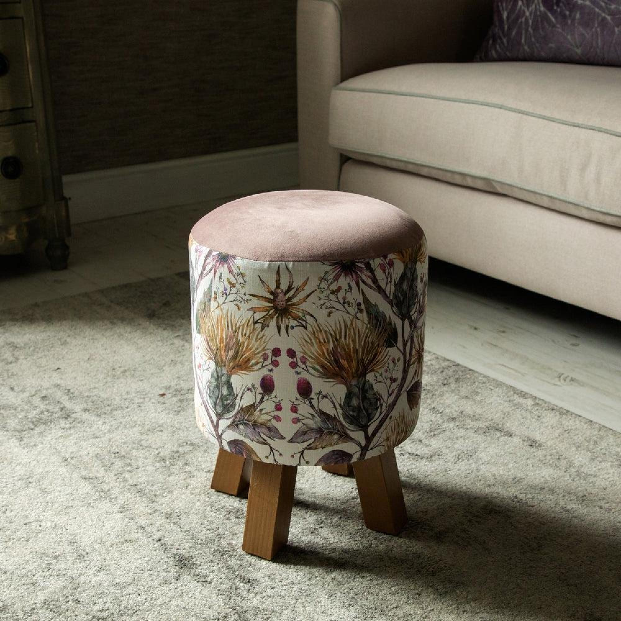 Product photograph of Voyage Maison Varys Gold Linen Monty Round Footstool from Choice Furniture Superstore.