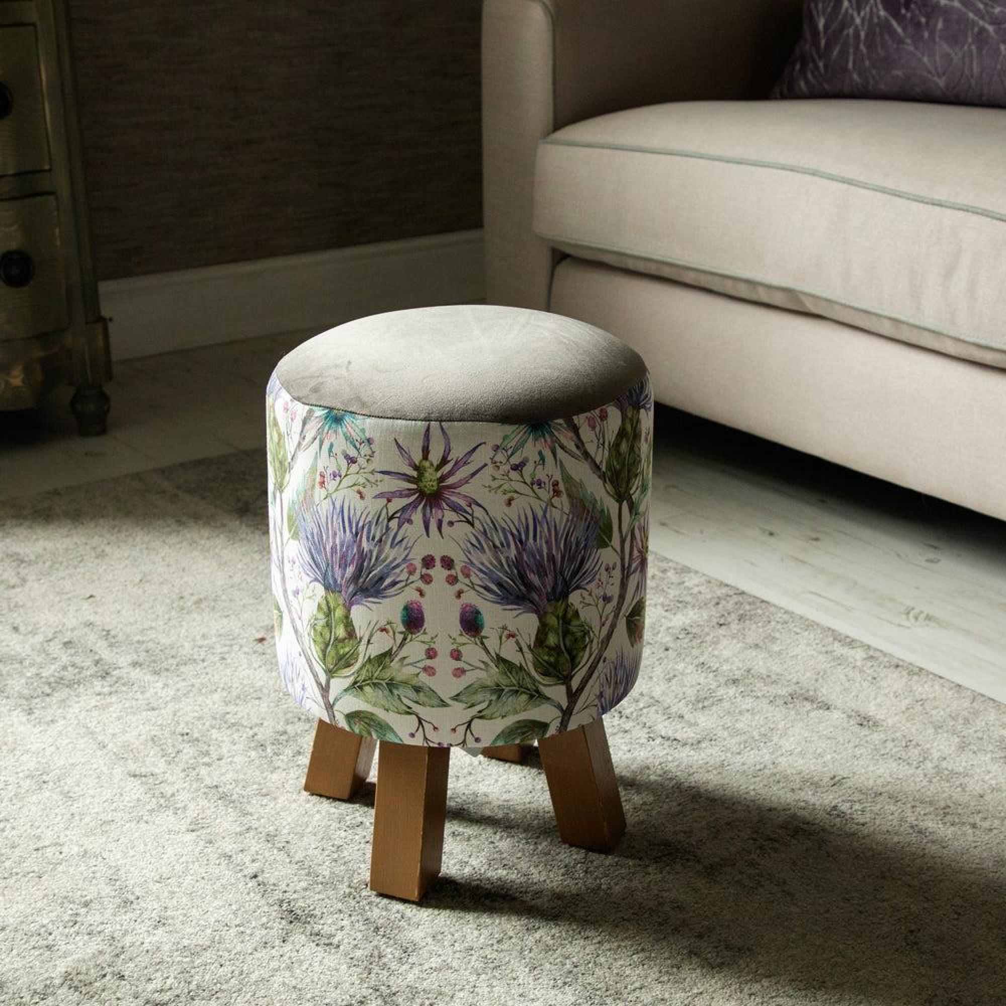 Product photograph of Voyage Maison Varys Violet Linen Monty Round Footstool from Choice Furniture Superstore.