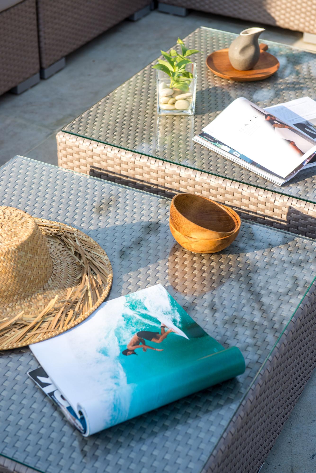 Product photograph of Skyline Pacific Walnut And Glass Top Outdoor Medium Square Coffee Table from Choice Furniture Superstore.