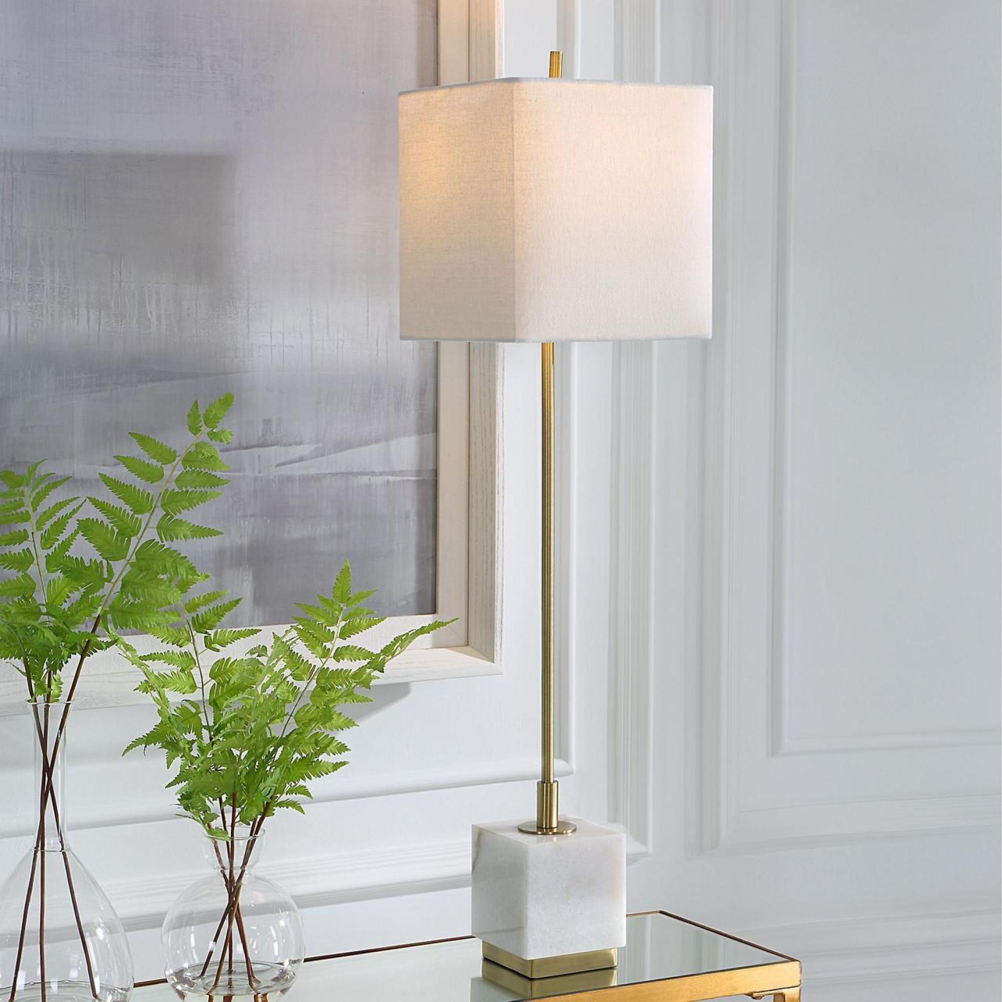 Product photograph of Mindy Brownes Escort White And Gold Metal Marble And Fabric Buffet Lamp from Choice Furniture Superstore.