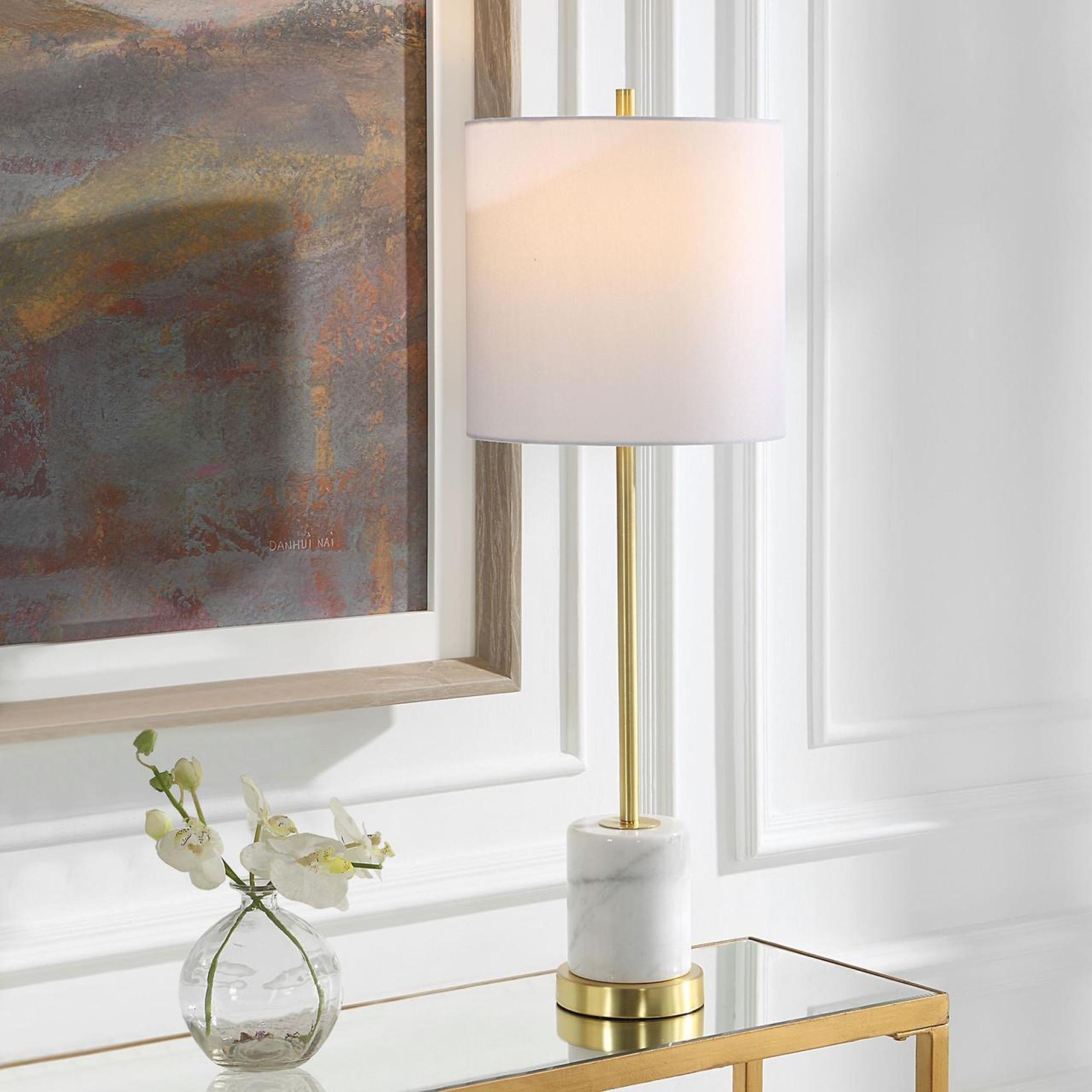 Product photograph of Mindy Brownes Turret White And Gold Marble Metal And Fabric Buffet Lamp from Choice Furniture Superstore.