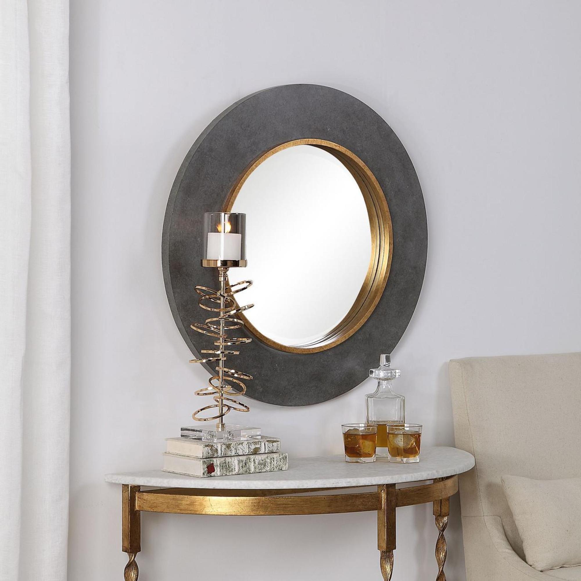 Product photograph of Mindy Brownes Saul Grey Wood And Brass Round Mirror from Choice Furniture Superstore.