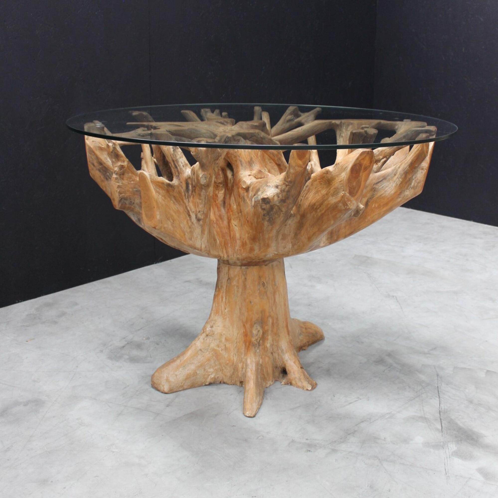 Product photograph of Tree Root Glass Top 130cm Round Dining Table from Choice Furniture Superstore.