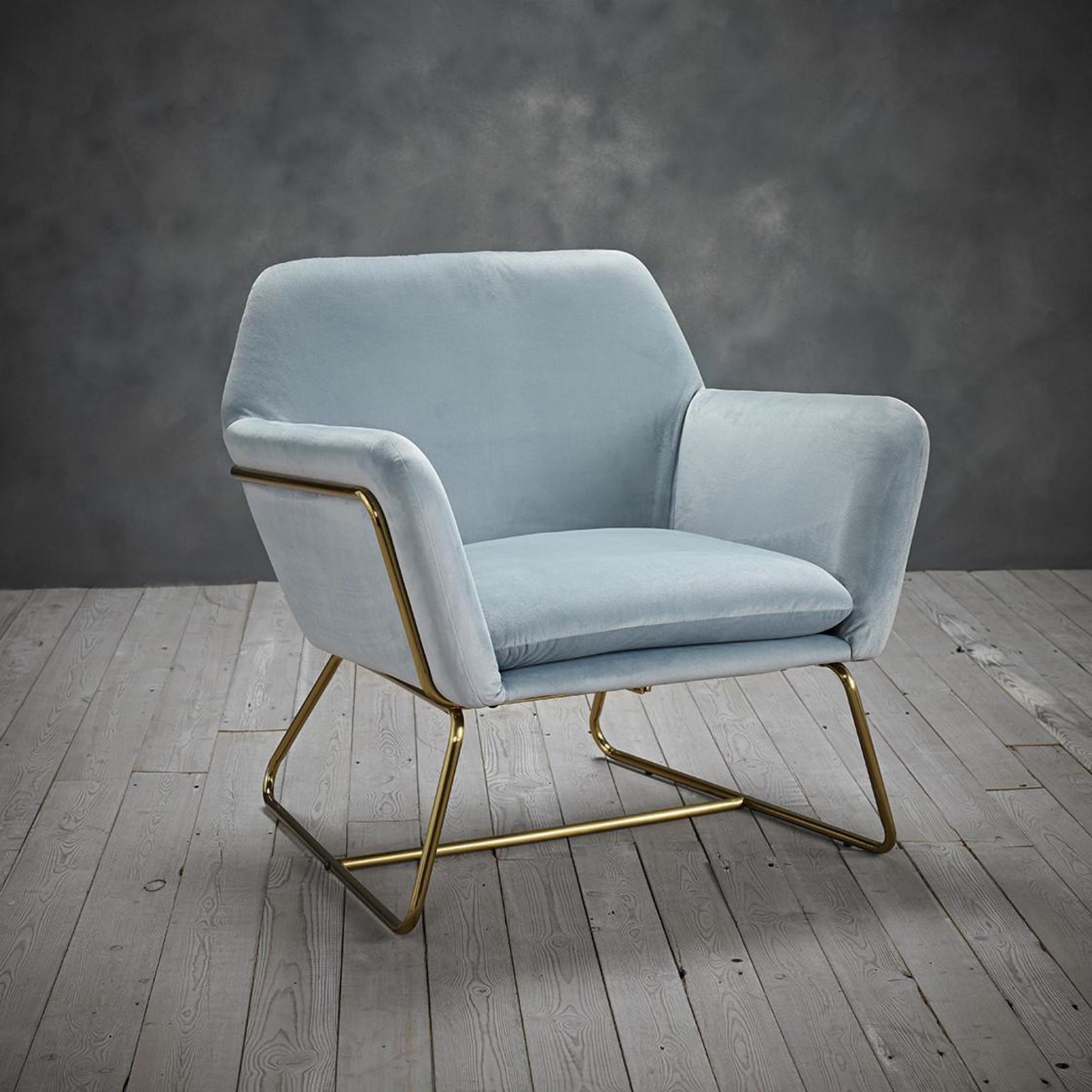 Product photograph of Charles Sky Blue Velvet Fabric And Gold Armchair from Choice Furniture Superstore.