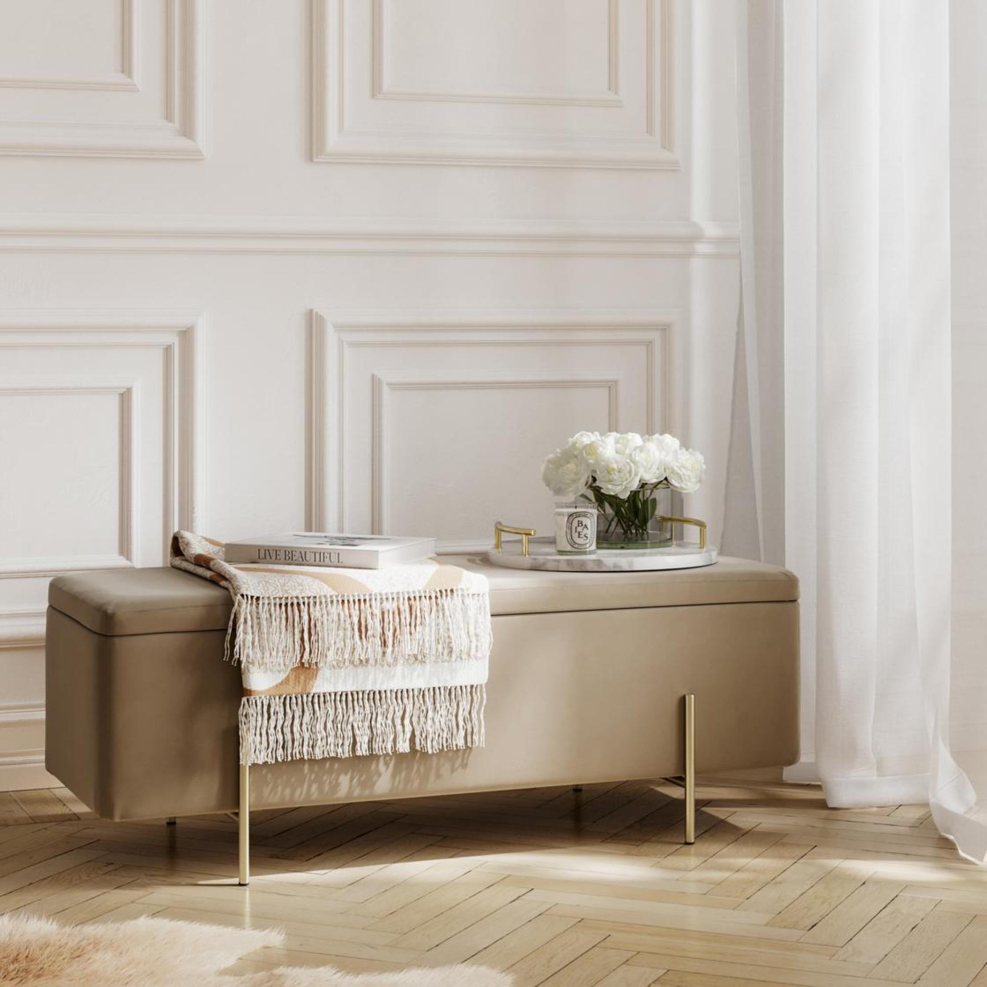 Product photograph of Lola Beige Velvet Fabric Storage Ottoman from Choice Furniture Superstore.