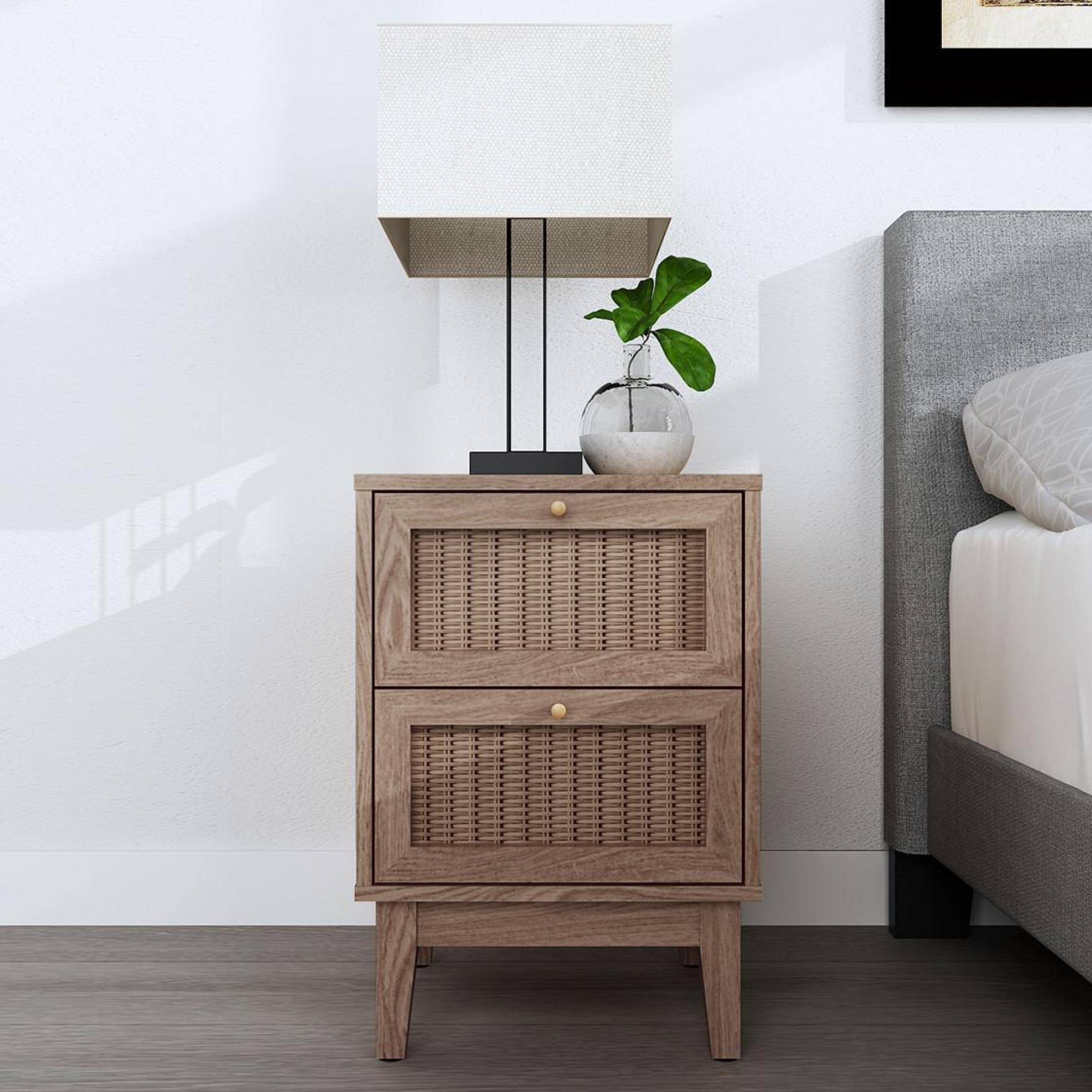 Product photograph of Bordeaux Wood And Faux Rattan 2 Drawer Bedside from Choice Furniture Superstore.