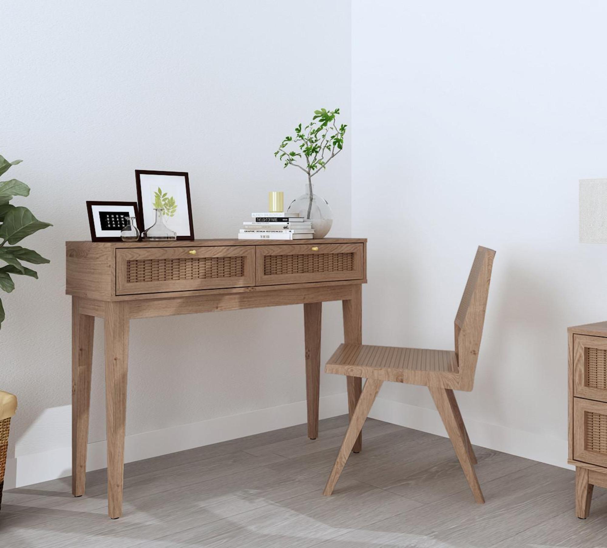 Product photograph of Bordeaux Oak And Faux Rattan Dressing Table from Choice Furniture Superstore.