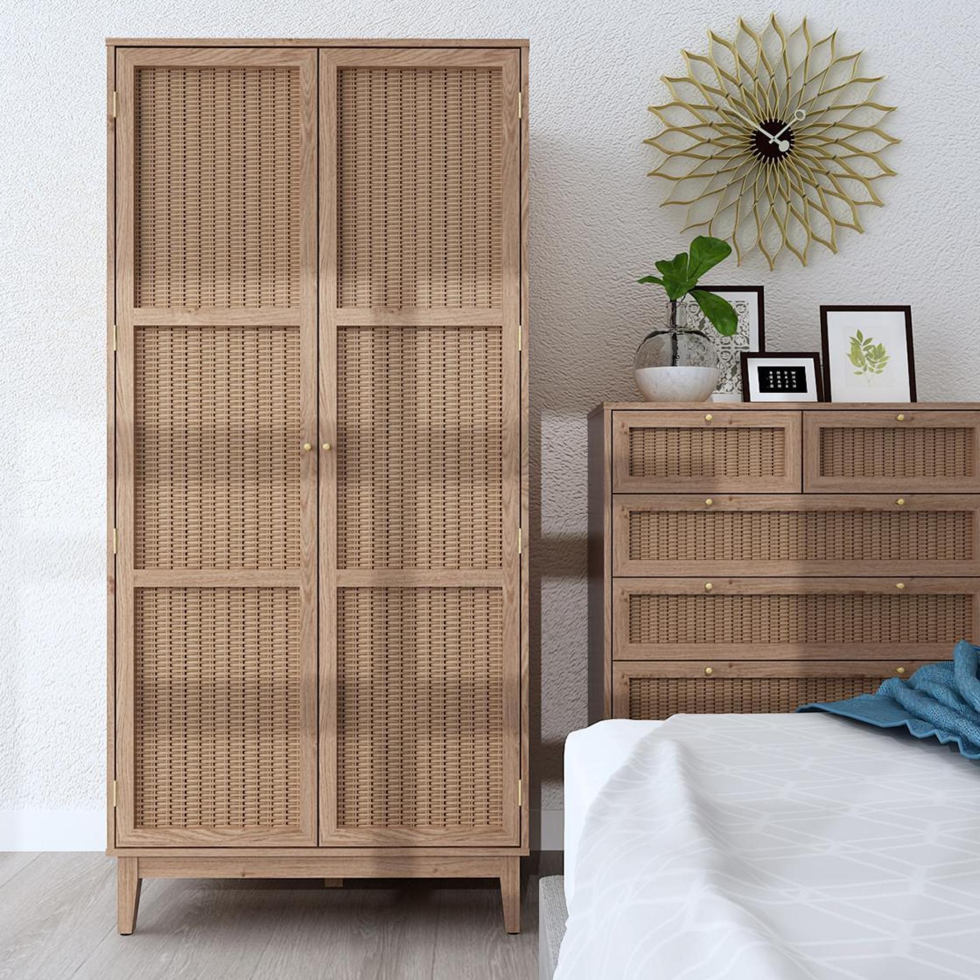Product photograph of Bordeaux Wood And Faux Rattan 2 Door Wardrobe from Choice Furniture Superstore.