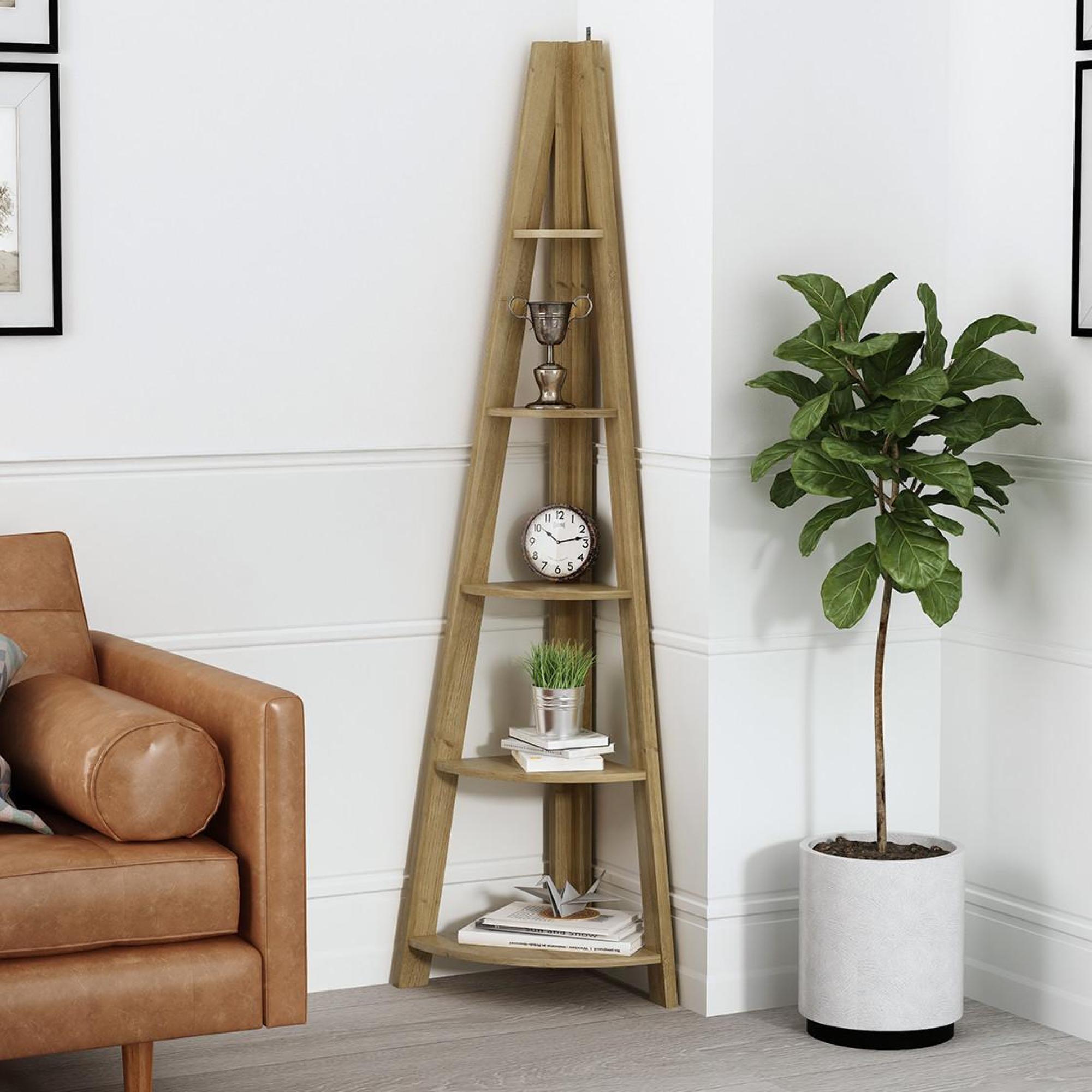 Product photograph of Tiva Ladder Oak Corner Shelving from Choice Furniture Superstore.