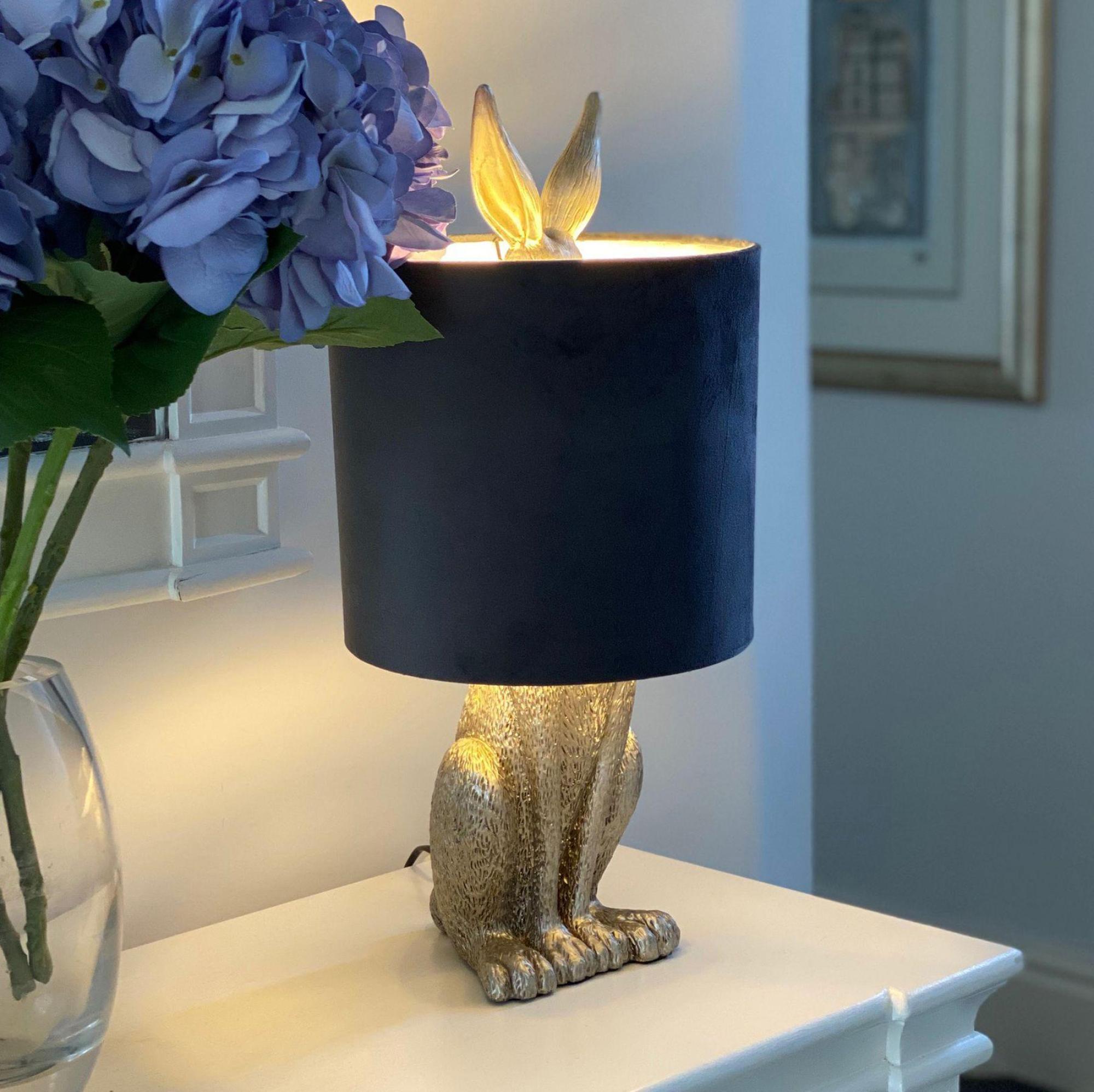 Product photograph of Silver Resin Hare Table Lamp With Velvet Shade from Choice Furniture Superstore.