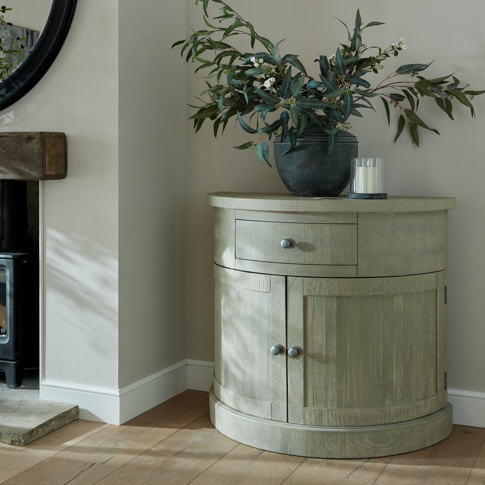 Product photograph of Saltaire Grey Half Moon 2 Door 1 Drawer Cupboard from Choice Furniture Superstore.
