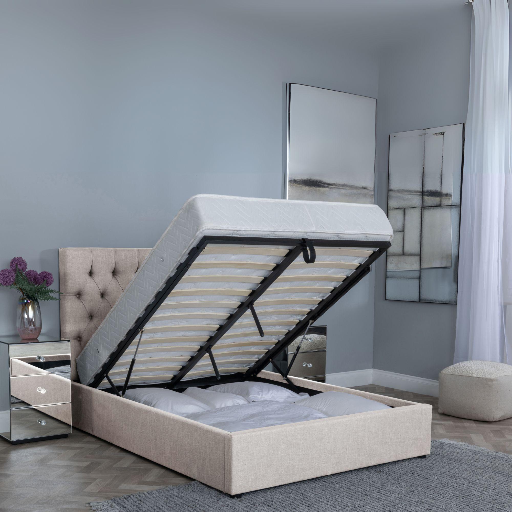 Product photograph of Sandra Oatmeal Fabric Ottoman Storage Bed - Get Duvet Cover Set Free from Choice Furniture Superstore.