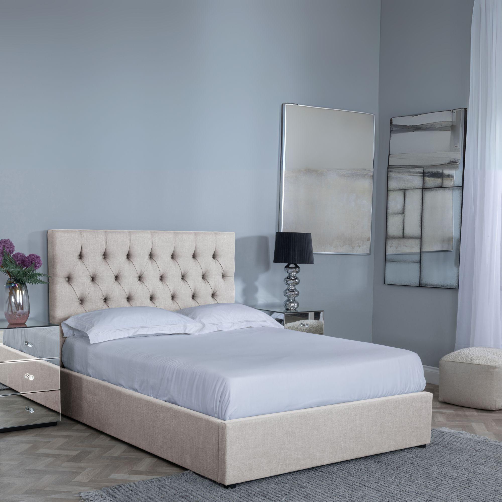 Product photograph of Sandra Oatmeal Fabric Ottoman Storage Bed - Get Duvet Cover Set Free from Choice Furniture Superstore.