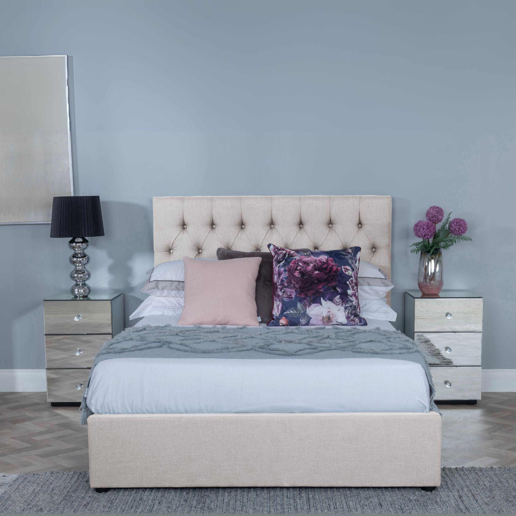 Product photograph of Sandra Oatmeal Fabric Ottoman Storage Bed - Get Duvet Cover Set Free from Choice Furniture Superstore.