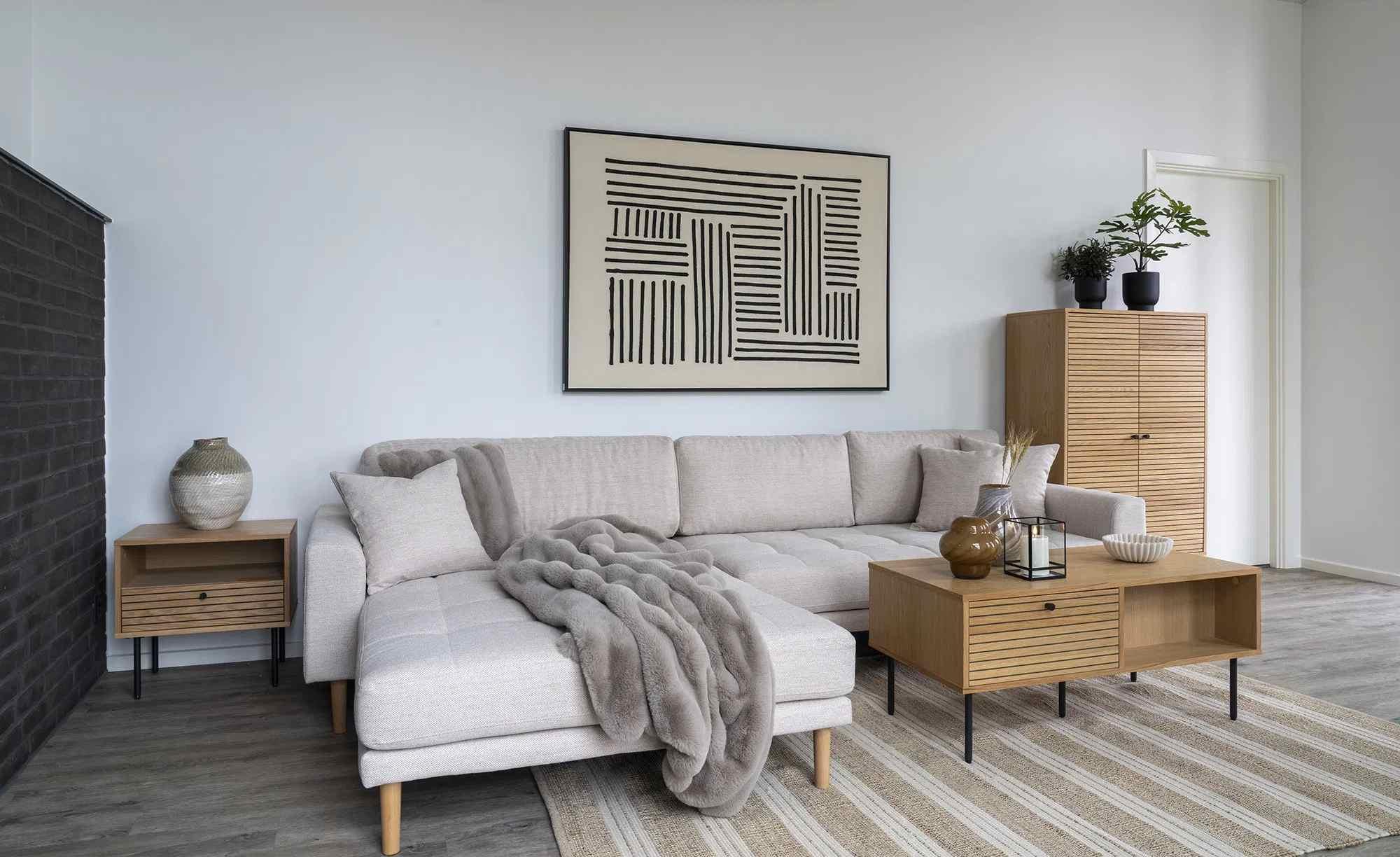 Product photograph of Datto Sand Fabric Left Hand Facing Lounge Sofa With Natural Legs from Choice Furniture Superstore.