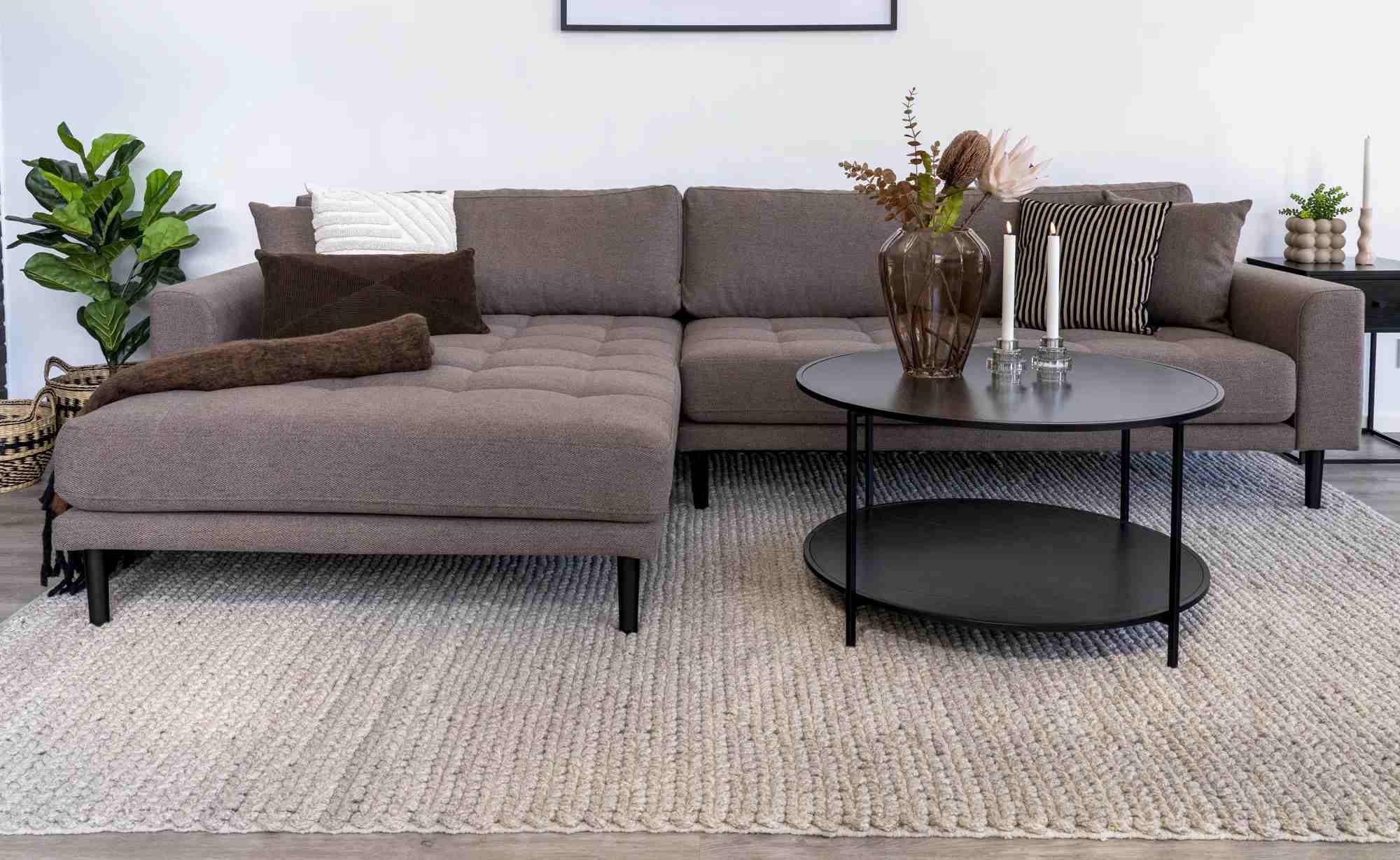 Product photograph of Datto Brown Fabric Left Hand Facing Lounge Sofa With Black Legs from Choice Furniture Superstore.