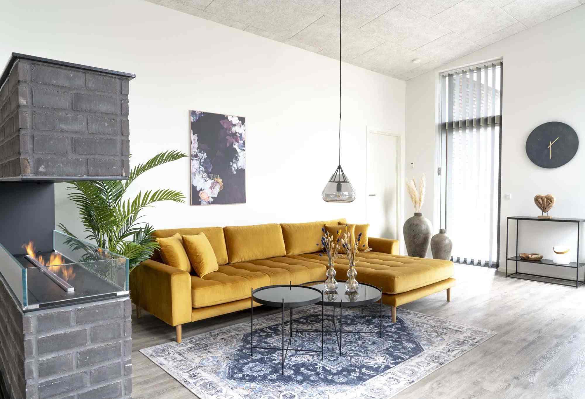 Product photograph of Datto Mustard Fabric Right Hand Facing Lounge Sofa With Natural Legs from Choice Furniture Superstore.