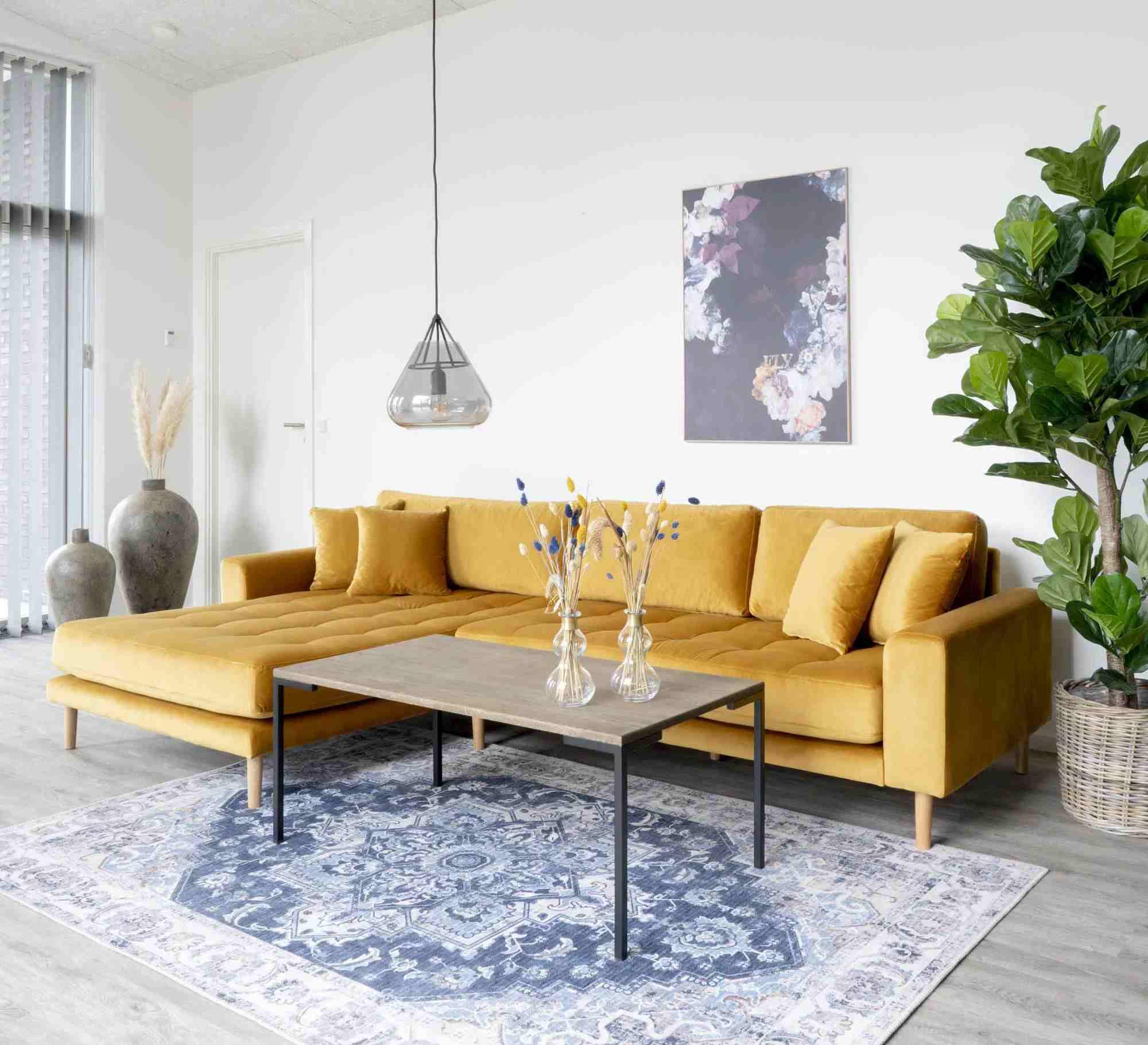 Product photograph of Datto Mustard Fabric Left Hand Facing Lounge Sofa With Natural Legs from Choice Furniture Superstore.