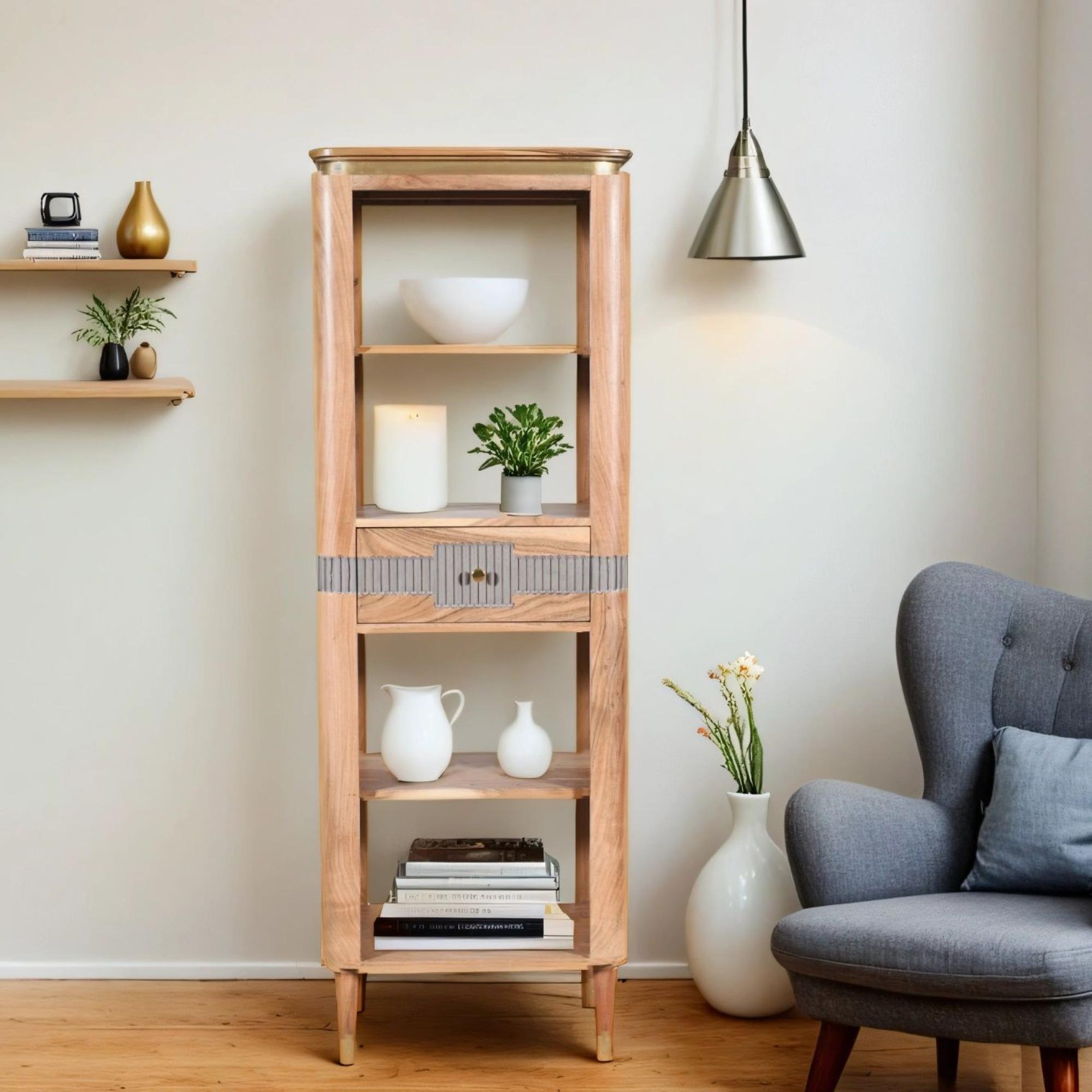 Product photograph of Wilton Acacia Ribbed With Gold Trim Slim Open Bookcase from Choice Furniture Superstore.