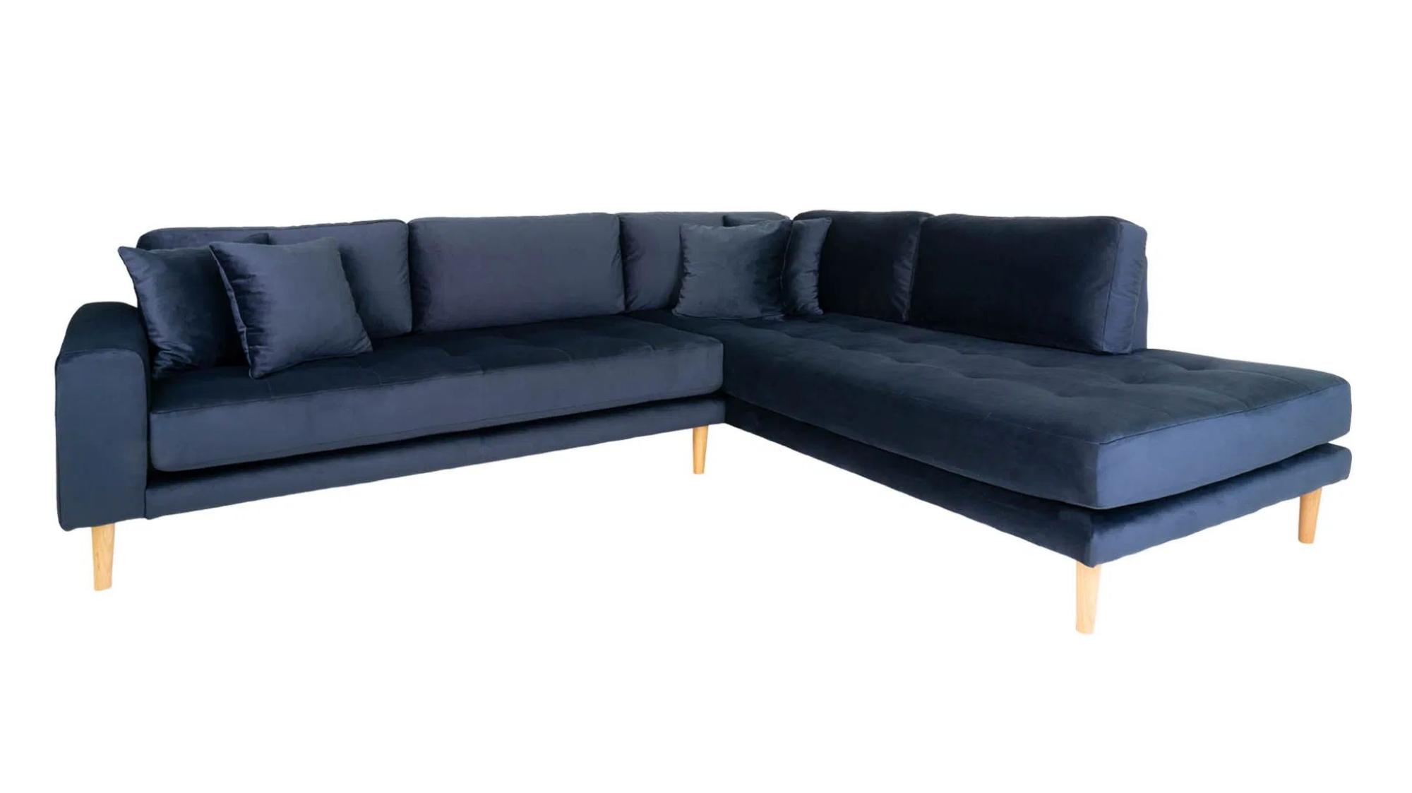 Product photograph of Datto Dark Blue Velvet Fabric Right Hand Facing Corner Sofa Open End With Natural Legs from Choice Furniture Superstore.