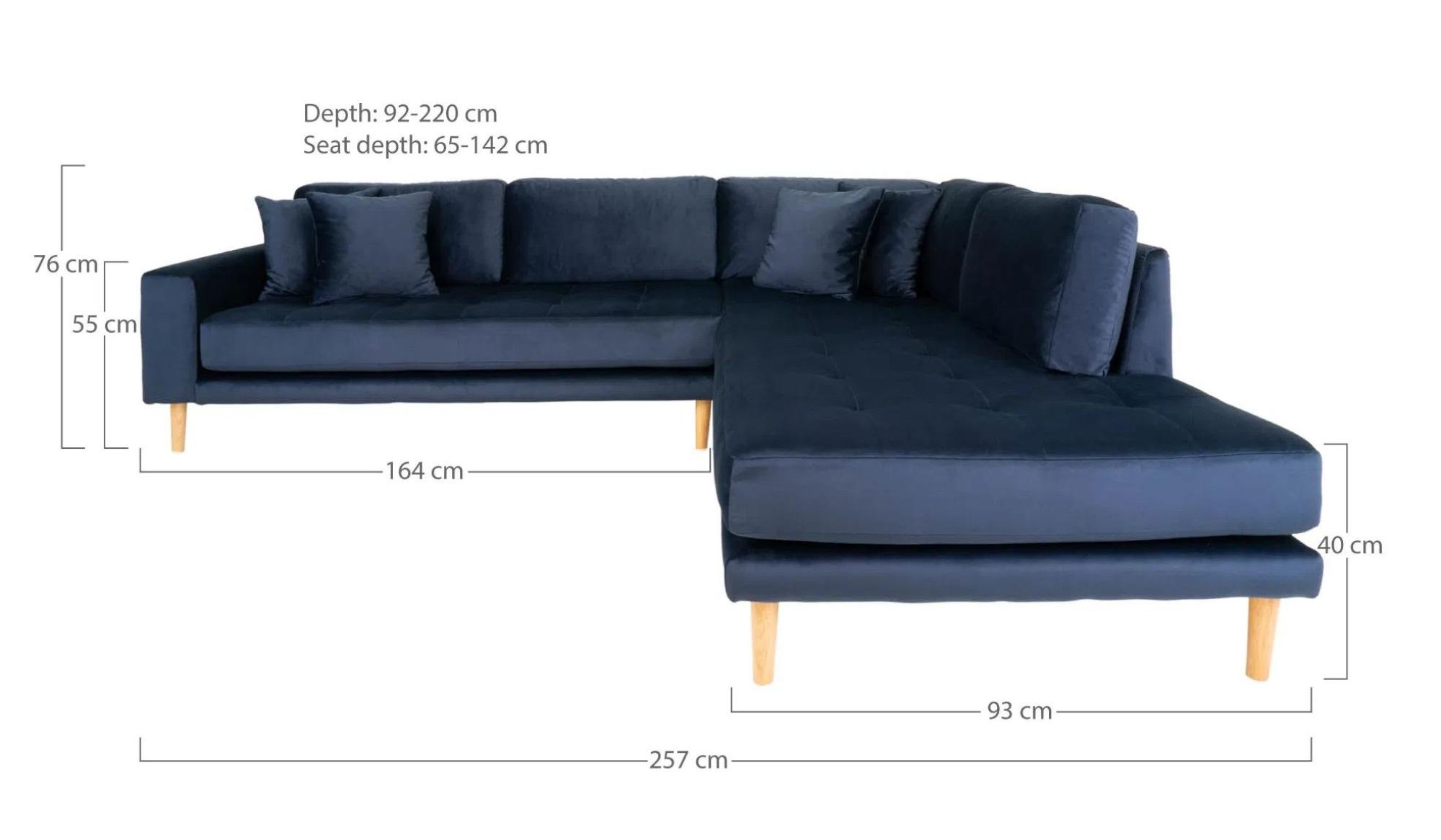Product photograph of Datto Dark Blue Velvet Fabric Right Hand Facing Corner Sofa Open End With Natural Legs from Choice Furniture Superstore.