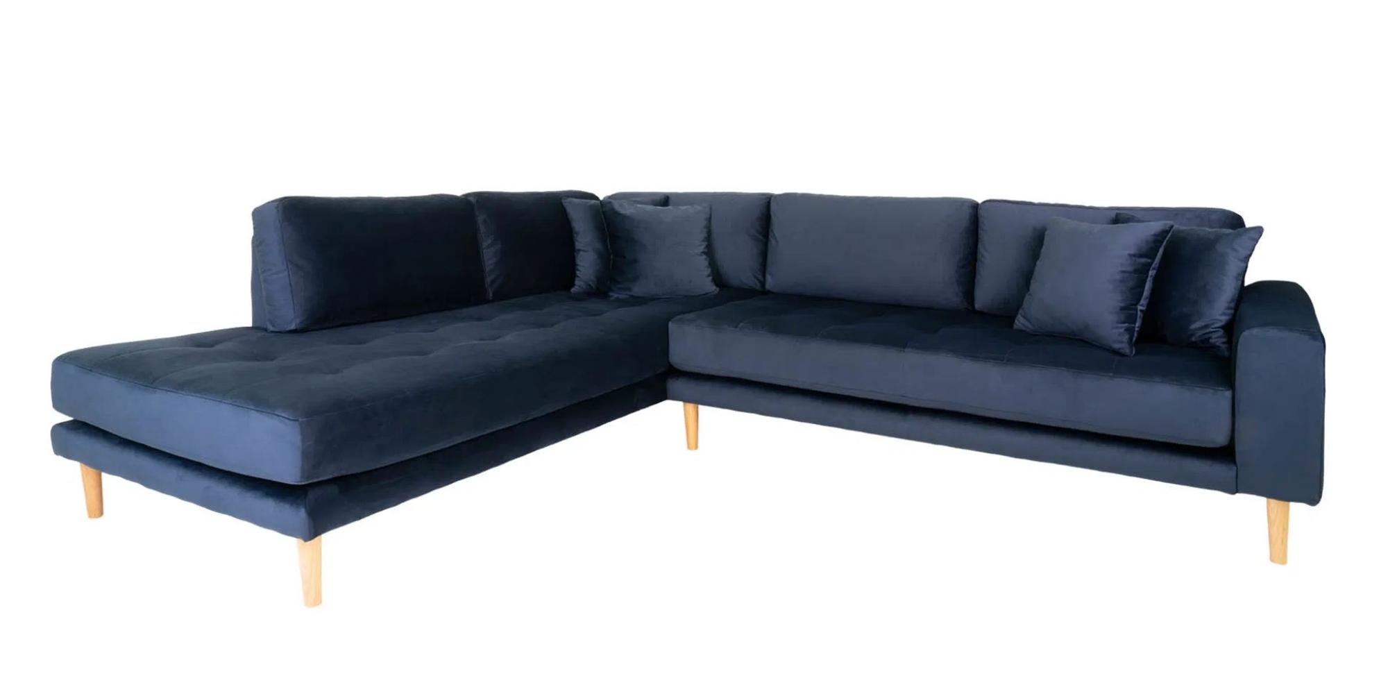 Product photograph of Datto Dark Blue Fabric Left Hand Facing Corner Sofa Open End With Natural Legs from Choice Furniture Superstore.