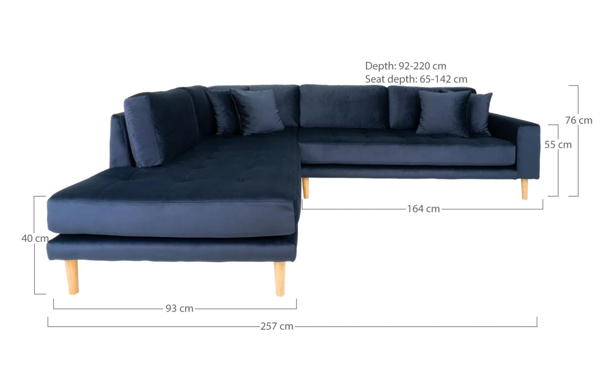 Product photograph of Datto Dark Blue Fabric Left Hand Facing Corner Sofa Open End With Natural Legs from Choice Furniture Superstore.