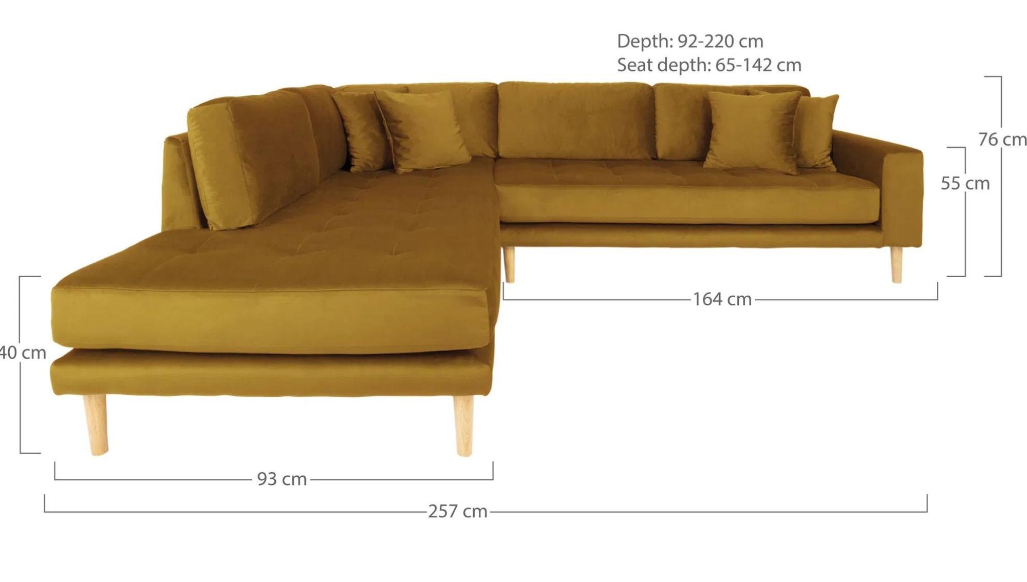 Product photograph of Datto Mustard Yellow Fabric Left Hand Facing Corner Sofa Open End With Natural Legs from Choice Furniture Superstore.