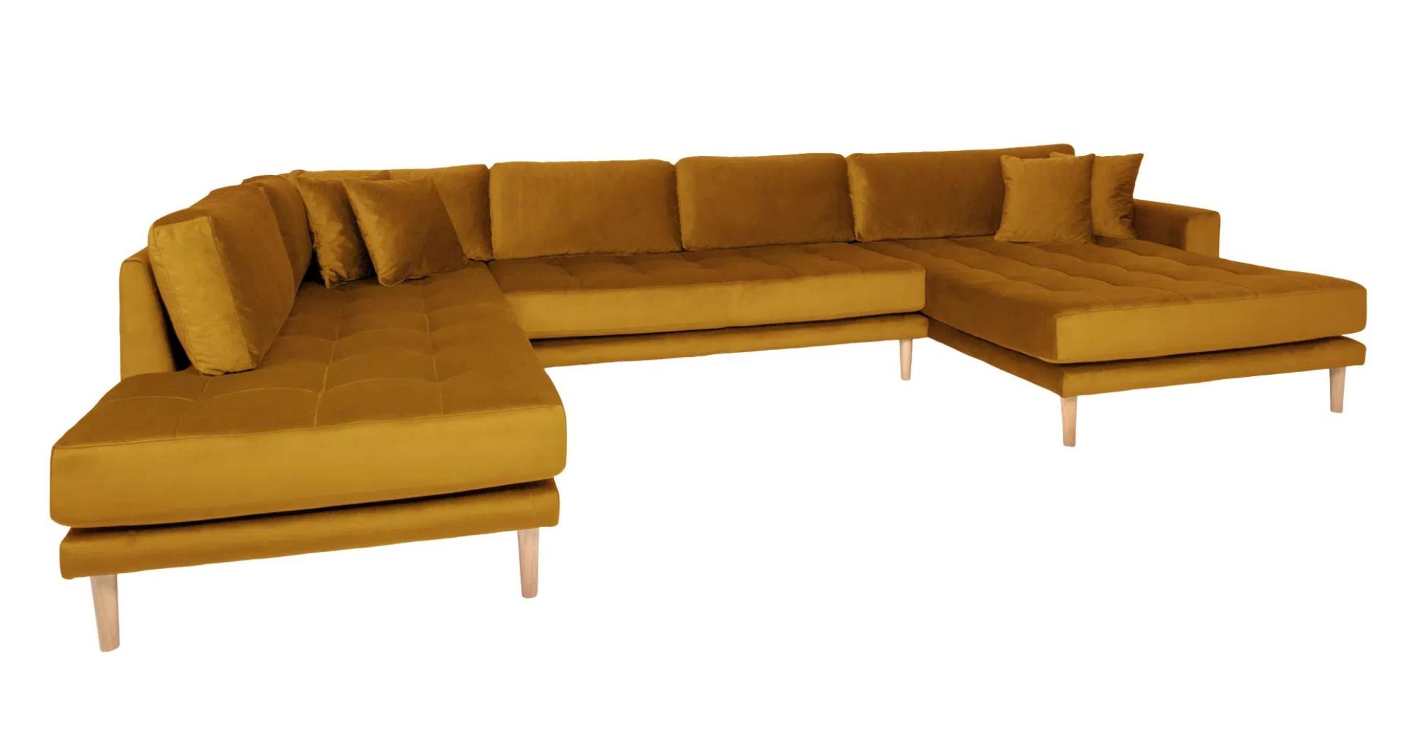 Product photograph of Datto Mustard Yellow Velvet Fabric Right Hand Facing U-sofa Open End With Natural Legs from Choice Furniture Superstore.
