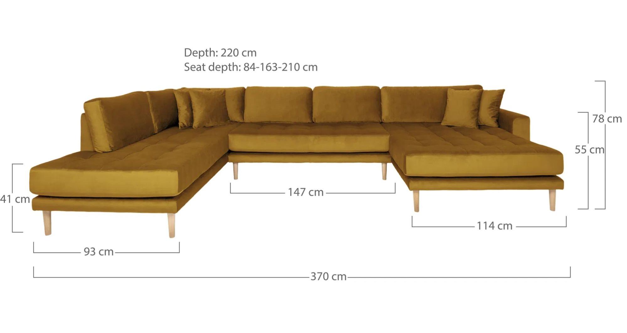 Product photograph of Datto Mustard Yellow Velvet Fabric Right Hand Facing U-sofa Open End With Natural Legs from Choice Furniture Superstore.