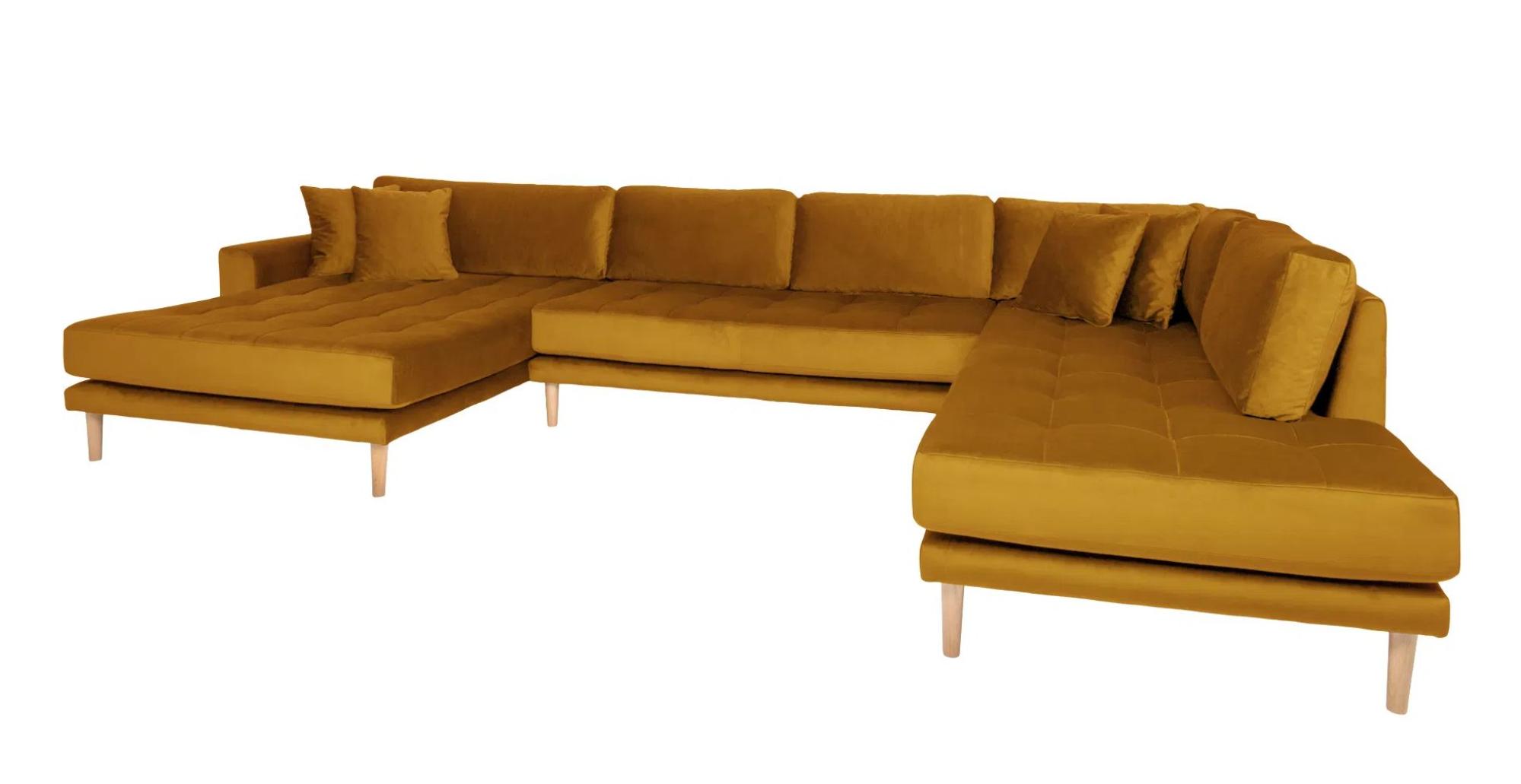 Product photograph of Datto Mustard Yellow Velvet Fabric Left Hand Facing U-sofa Open End With Natural Legs from Choice Furniture Superstore.