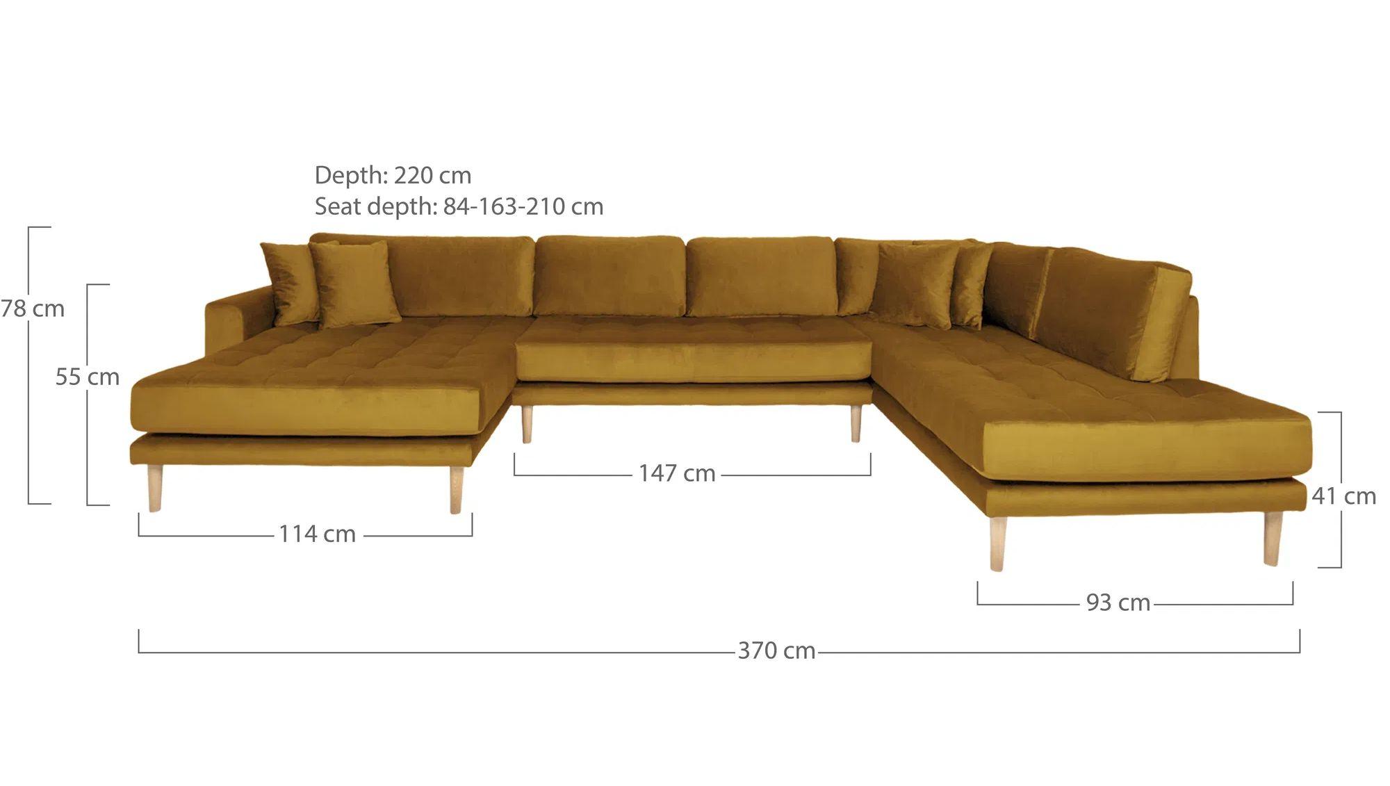 Product photograph of Datto Mustard Yellow Velvet Fabric Left Hand Facing U-sofa Open End With Natural Legs from Choice Furniture Superstore.