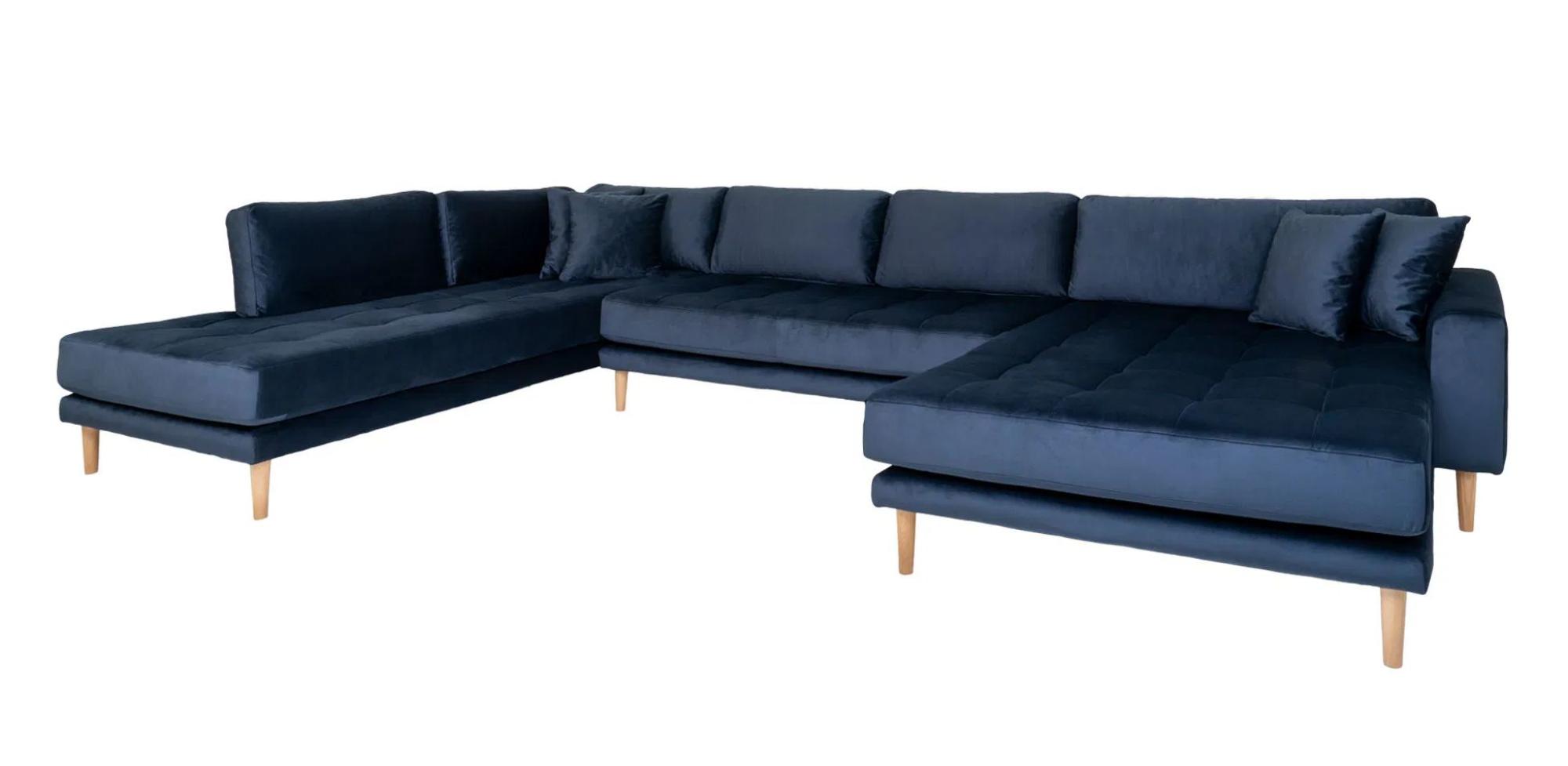 Product photograph of Datto Dark Blue Velvet Fabric Right Hand Facing U-sofa Open End With Natural Legs from Choice Furniture Superstore.