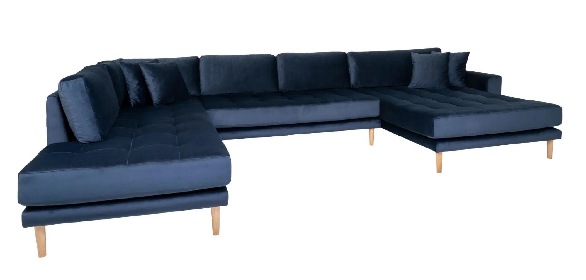 Product photograph of Datto Dark Blue Velvet Fabric Right Hand Facing U-sofa Open End With Natural Legs from Choice Furniture Superstore.