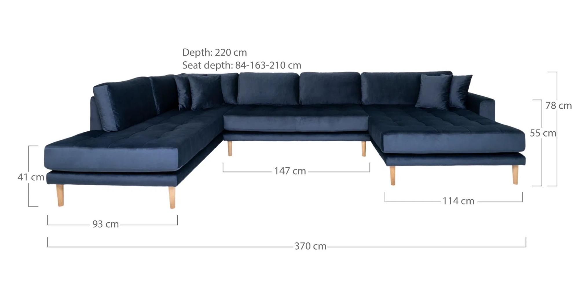 Product photograph of Datto Dark Blue Velvet Fabric Right Hand Facing U-sofa Open End With Natural Legs from Choice Furniture Superstore.