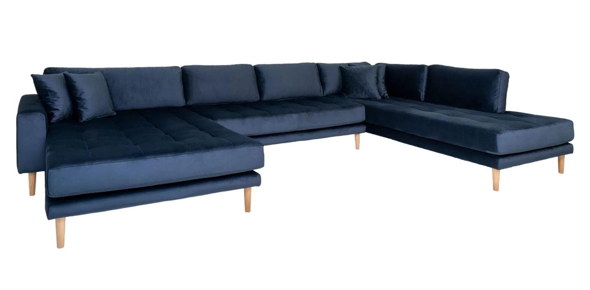 Product photograph of Datto Dark Blue Velvet Fabric Left Hand Facing U-sofa Open End With Natural Legs from Choice Furniture Superstore.