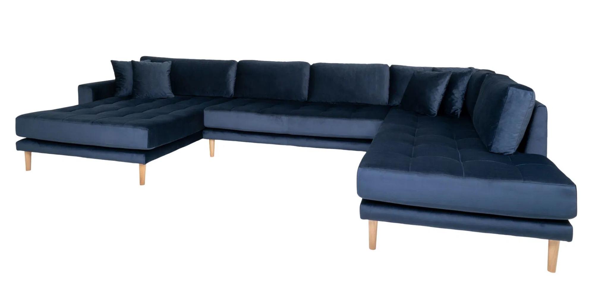 Product photograph of Datto Dark Blue Velvet Fabric Left Hand Facing U-sofa Open End With Natural Legs from Choice Furniture Superstore.