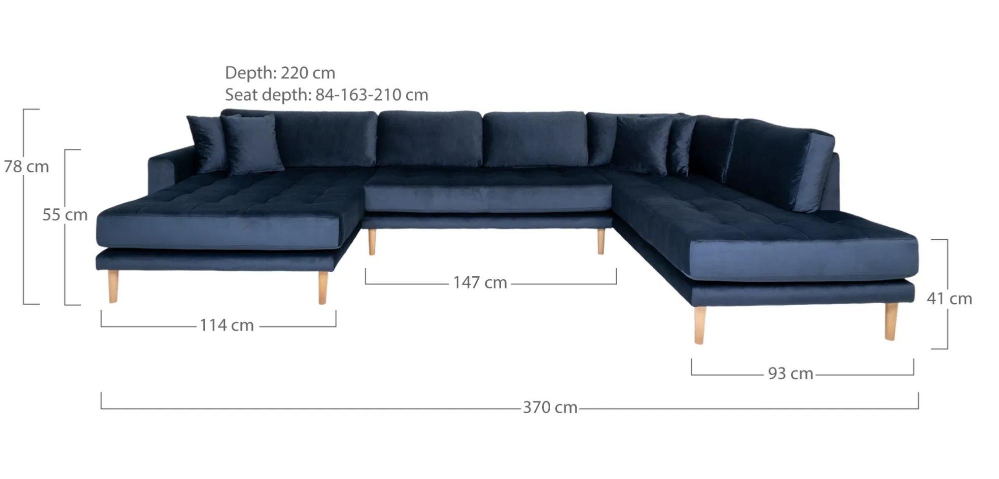 Product photograph of Datto Dark Blue Velvet Fabric Left Hand Facing U-sofa Open End With Natural Legs from Choice Furniture Superstore.