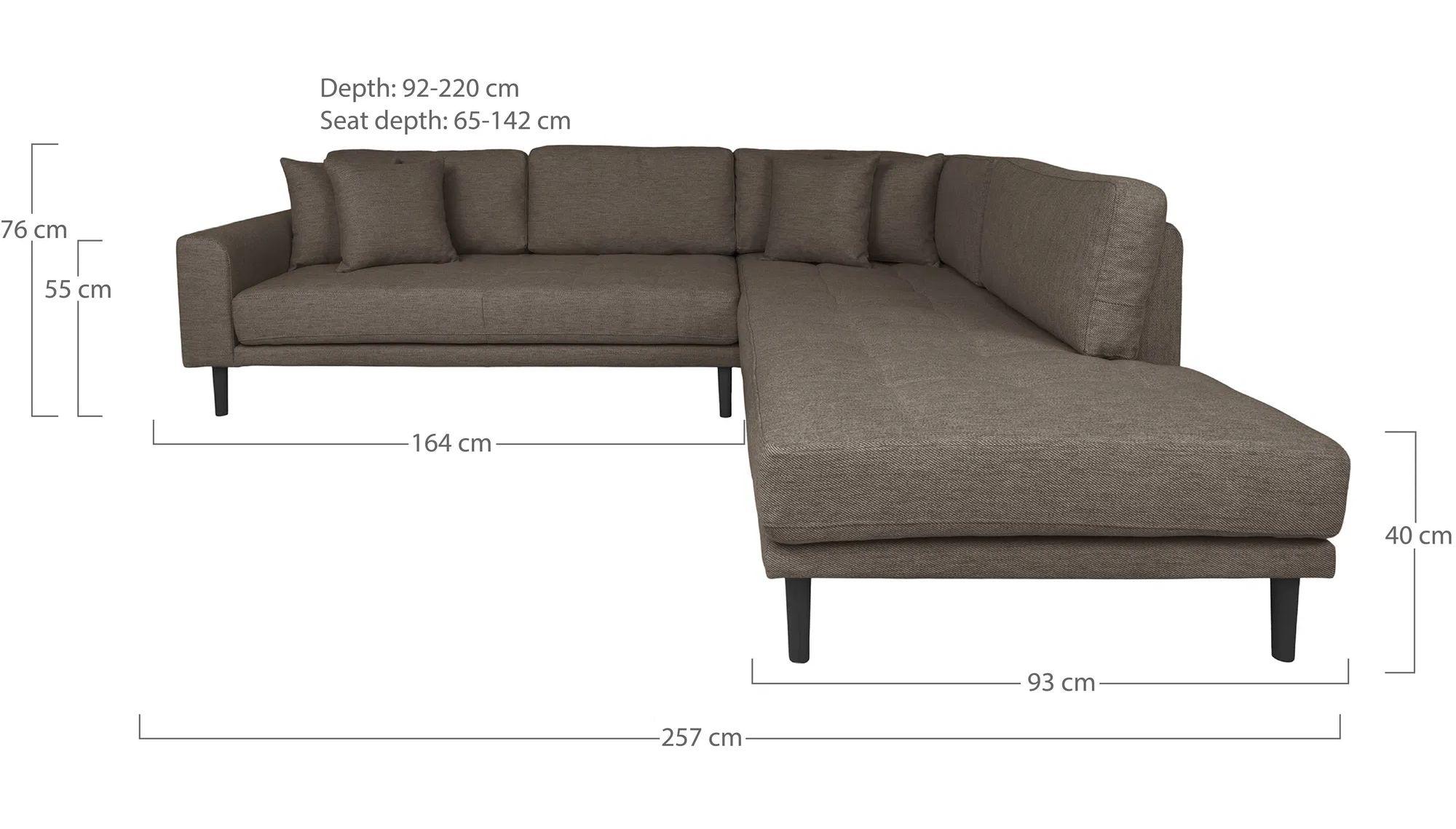 Product photograph of Datto Brown Fabric Right Hand Facing Corner Sofa Open End With Black Legs from Choice Furniture Superstore.