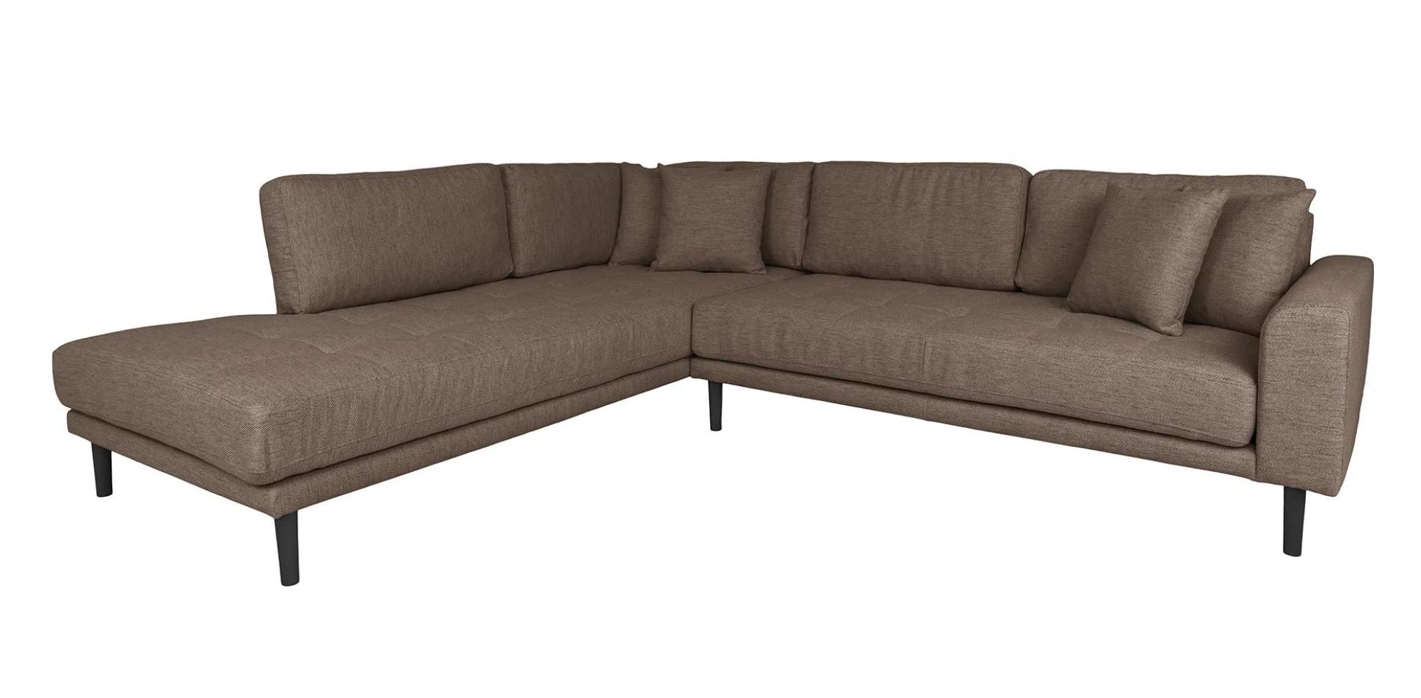Product photograph of Datto Brown Fabric Left Hand Facing Corner Sofa Open End With Black Legs from Choice Furniture Superstore.