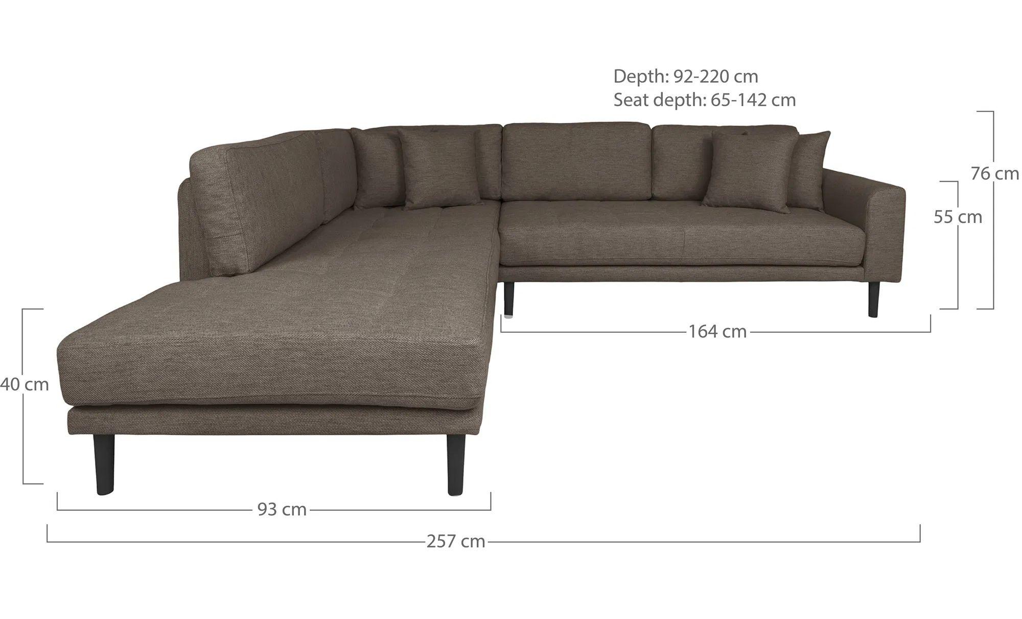 Product photograph of Datto Brown Fabric Left Hand Facing Corner Sofa Open End With Black Legs from Choice Furniture Superstore.