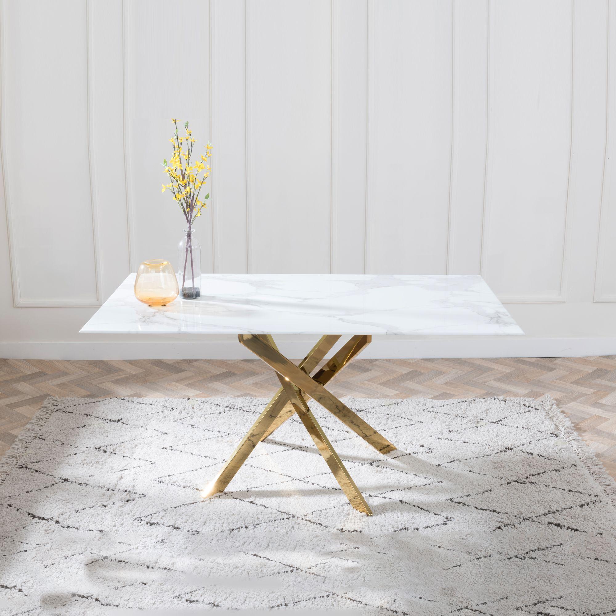 Product photograph of Chopstick White Glass 6 Seater Dining Table With Gold Metal Legs from Choice Furniture Superstore.