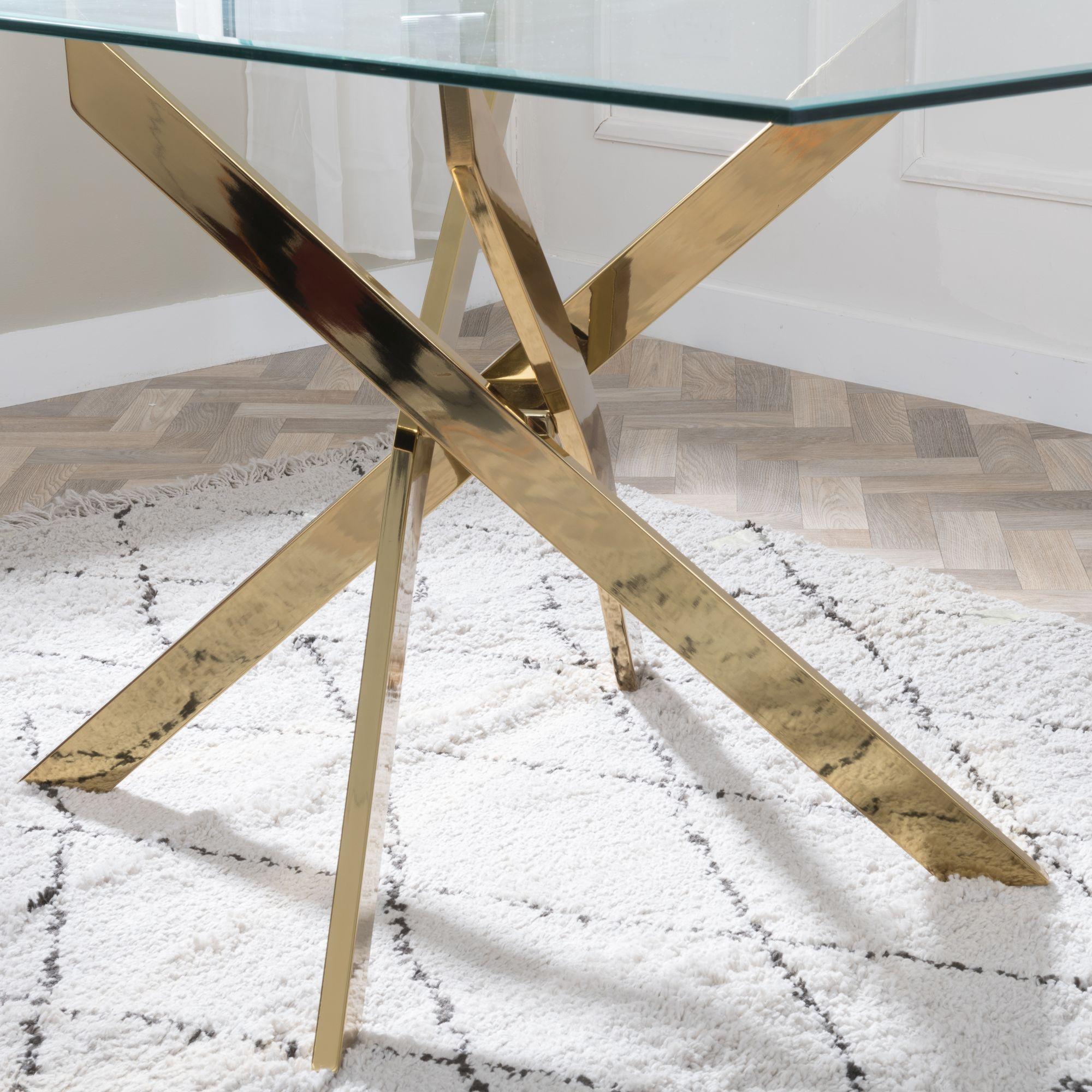 Product photograph of Chopstick Clear Glass 6 Seater Dining Table With Gold Metal Chopstick Legs from Choice Furniture Superstore.