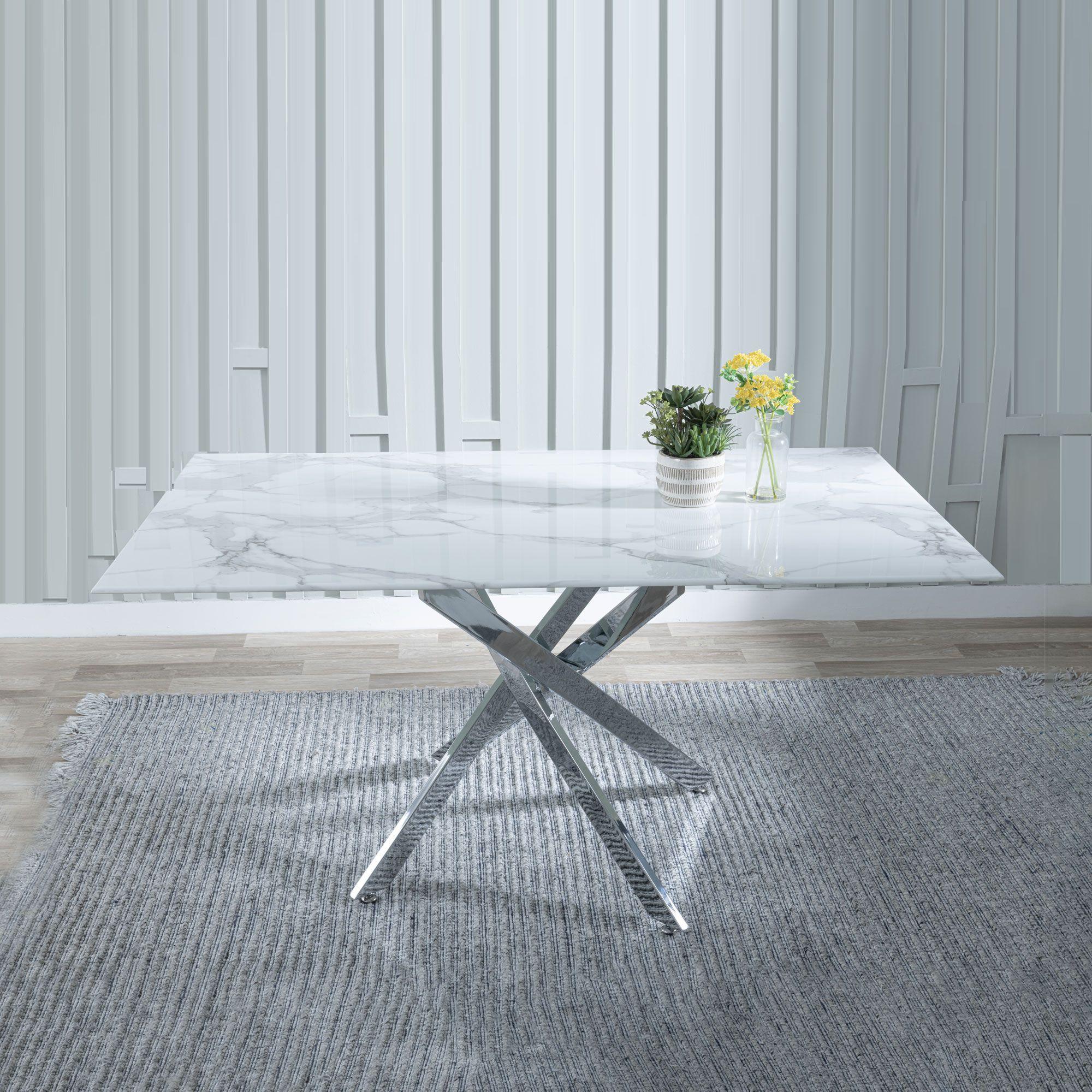 Product photograph of Chopstick White Glass 6 Seater Dining Table With Chrome Metal Legs from Choice Furniture Superstore.