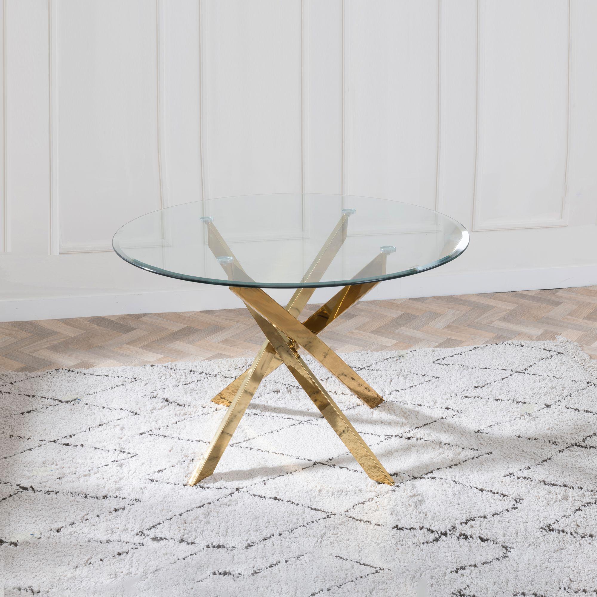 Product photograph of Chopstick Clear Glass 4 Seater Round Dining Table With Gold Metal Chopstick Legs from Choice Furniture Superstore.