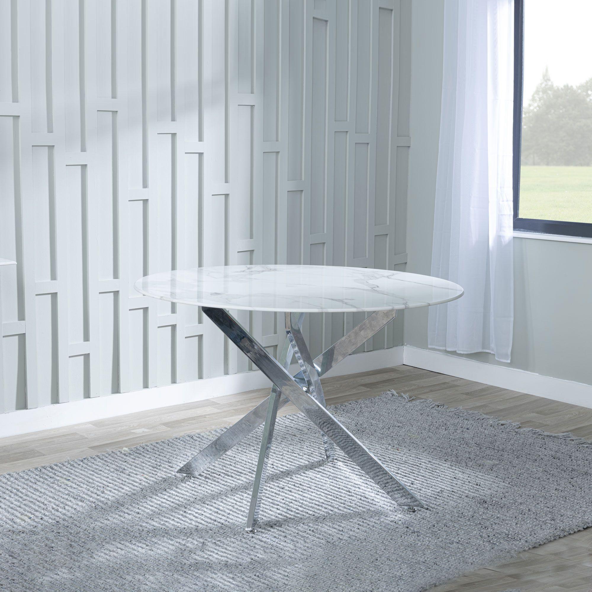 Product photograph of Chopstick White Glass 4 Seater Round Dining Table With Chrome Metal Chopstick Legs from Choice Furniture Superstore.