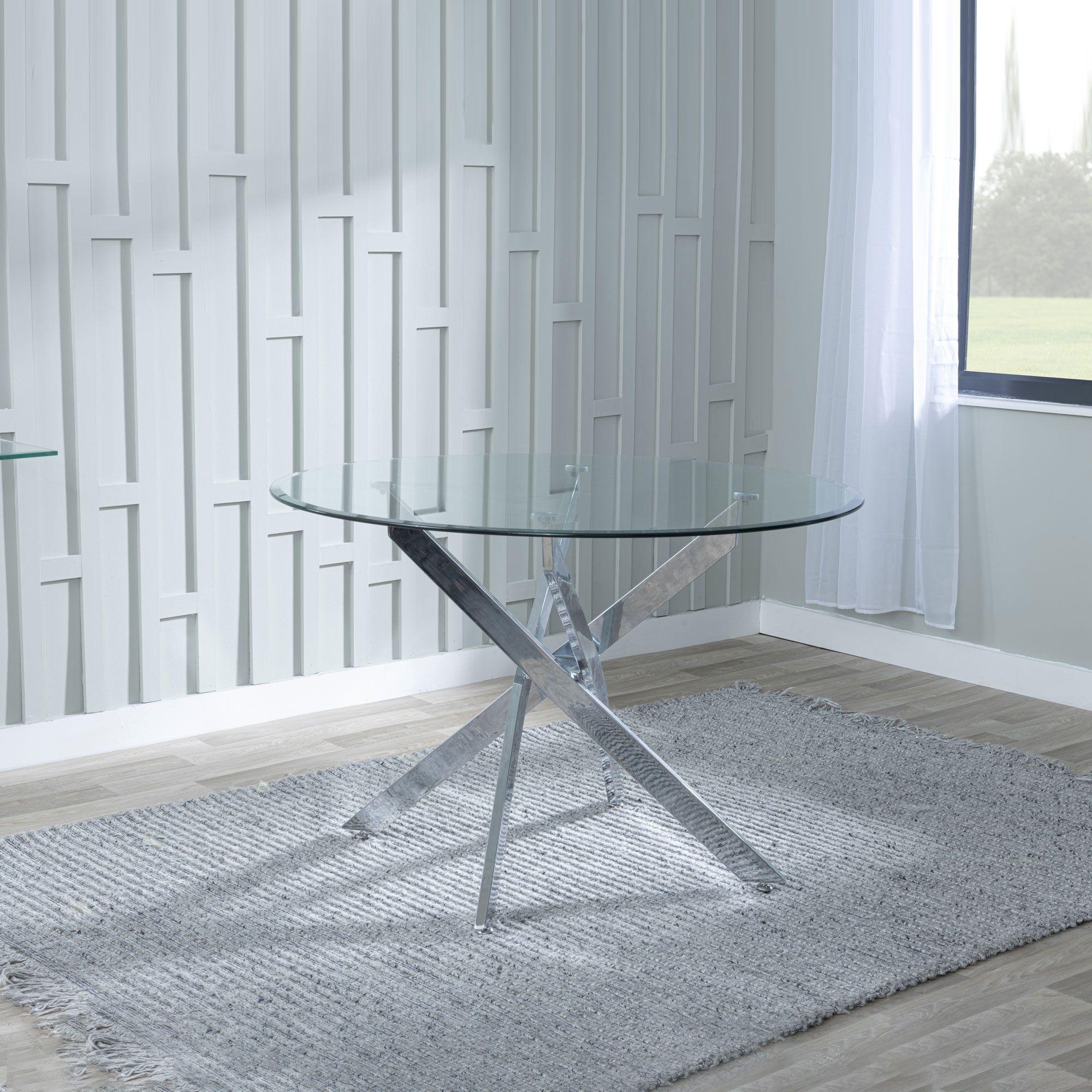 Product photograph of Chopstick Clear Glass 4 Seater Round Dining Table With Chrome Metal Chopstick Legs from Choice Furniture Superstore.