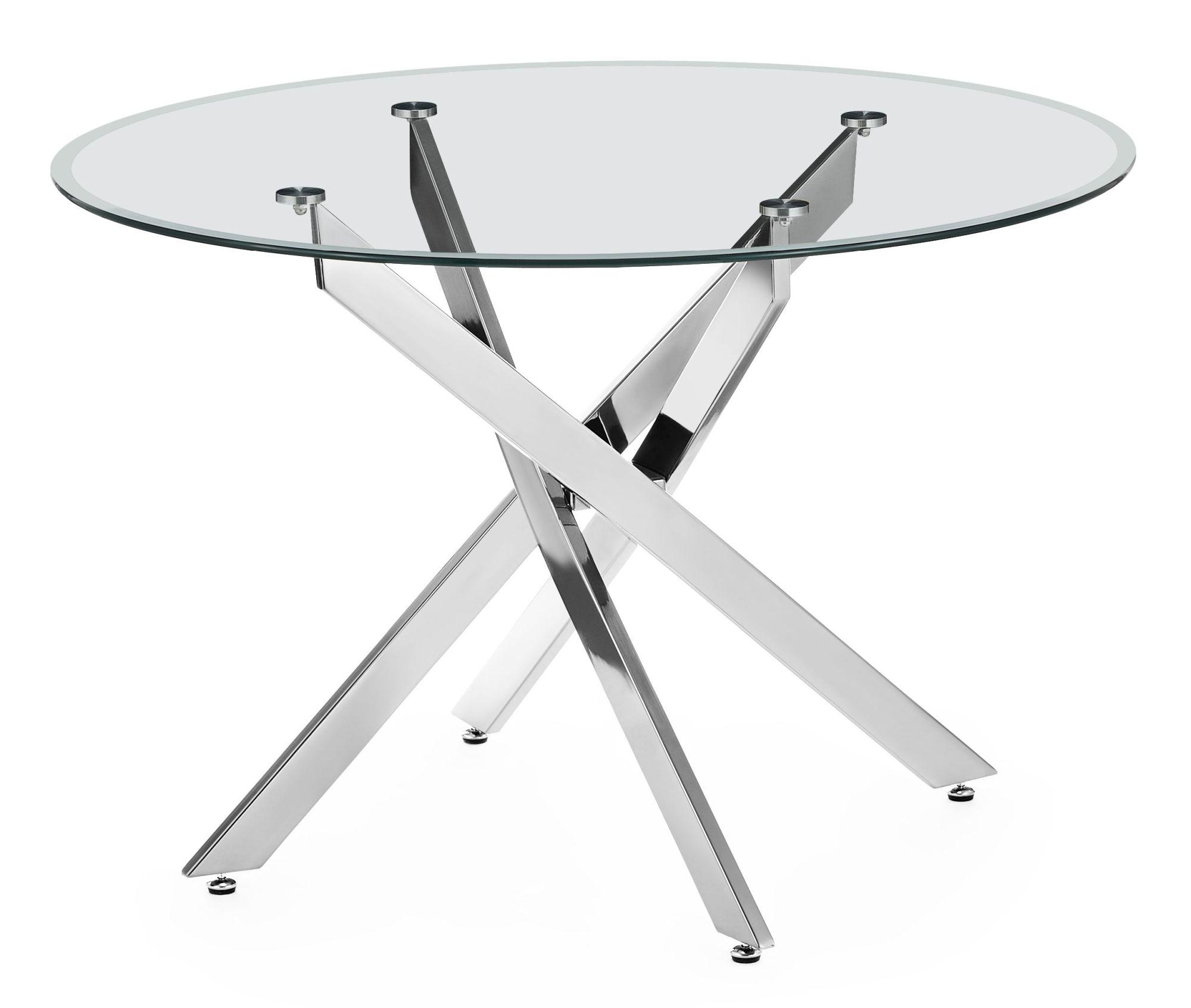 Product photograph of Chopstick Clear Glass 4 Seater Round Dining Table With Chrome Metal Chopstick Legs from Choice Furniture Superstore.