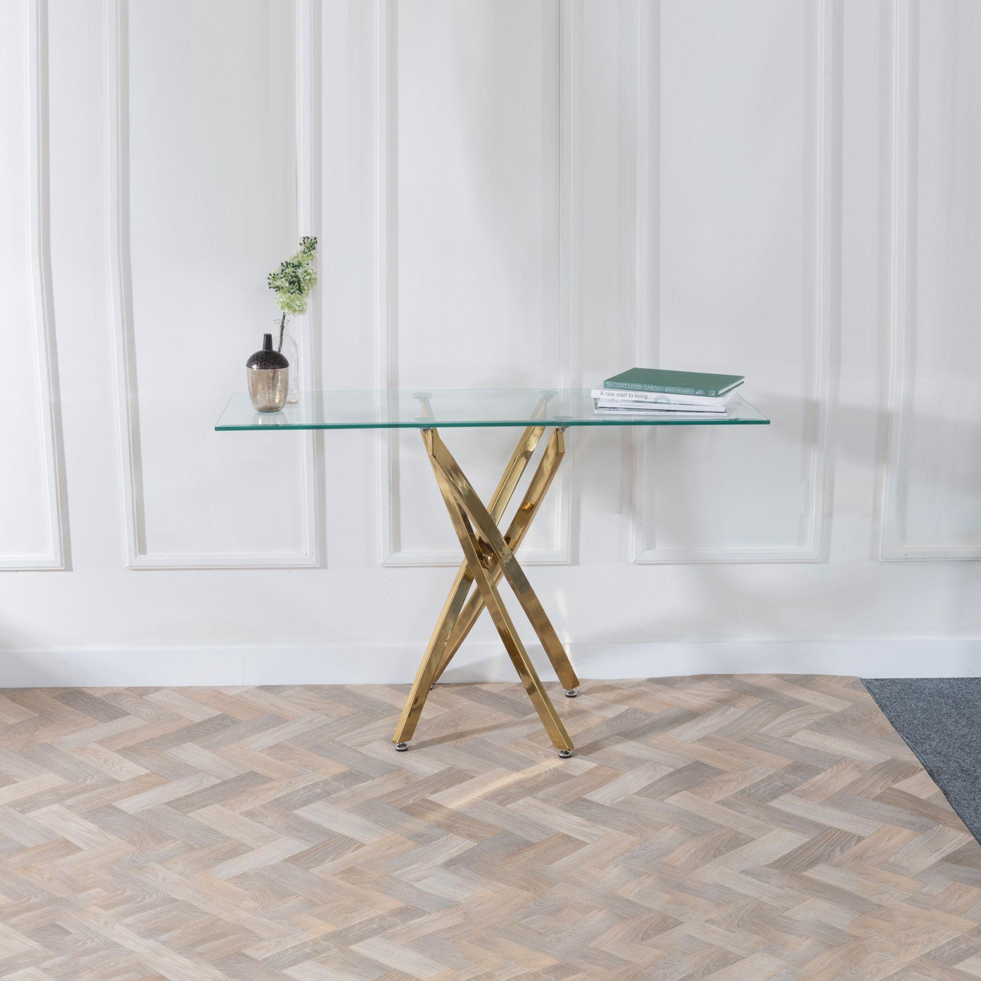 Product photograph of Chopstick Clear Glass Console Table With Gold Metal Chopstick Legs from Choice Furniture Superstore.